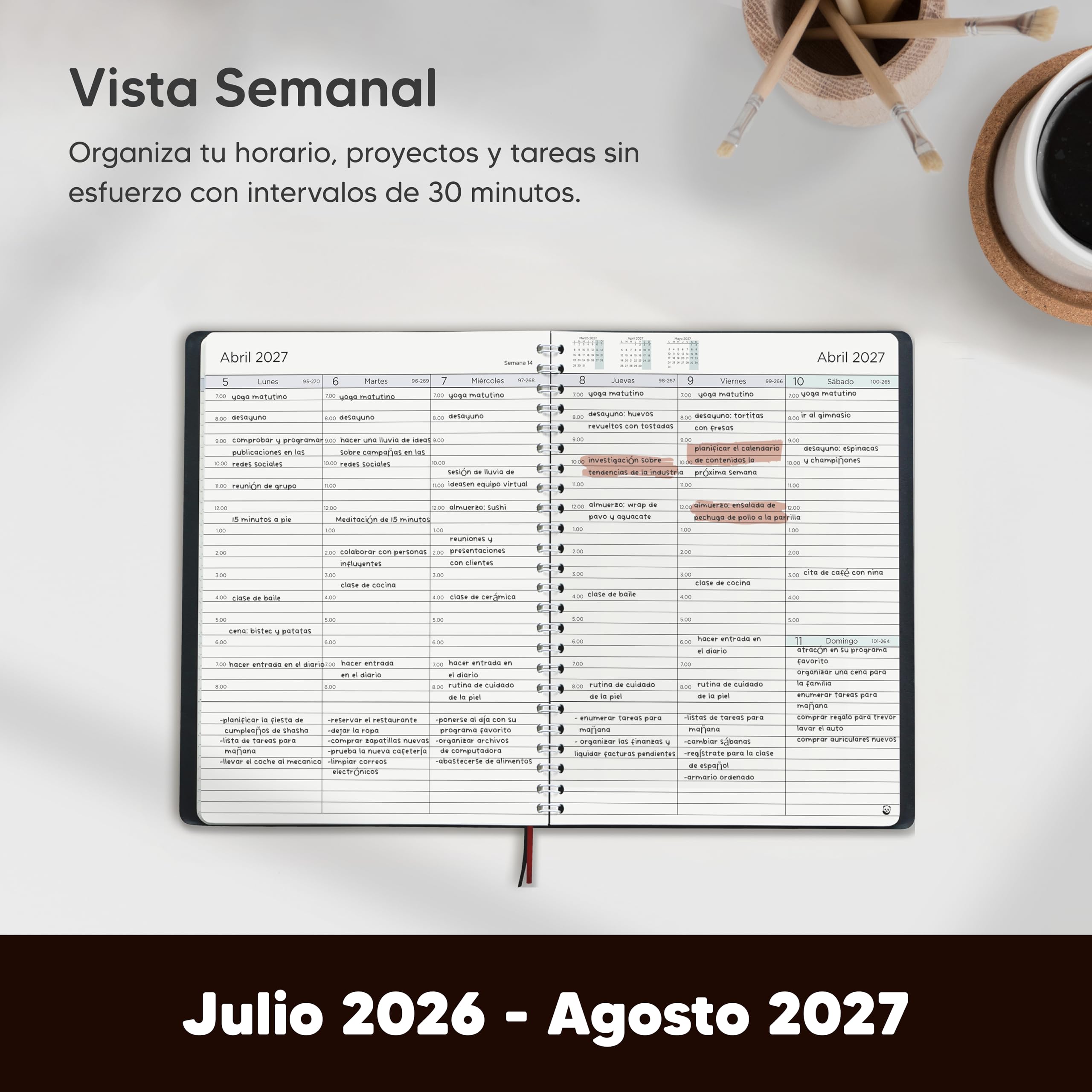 Agenda 2026 2027 con Vista Semanal – A5 Planificador 2026 2027 Semana Vista – Diario Espiral que Inspira Productividad - Intervalos de 30 minutos - Julio 2026 a Agosto 2027 - en Español
