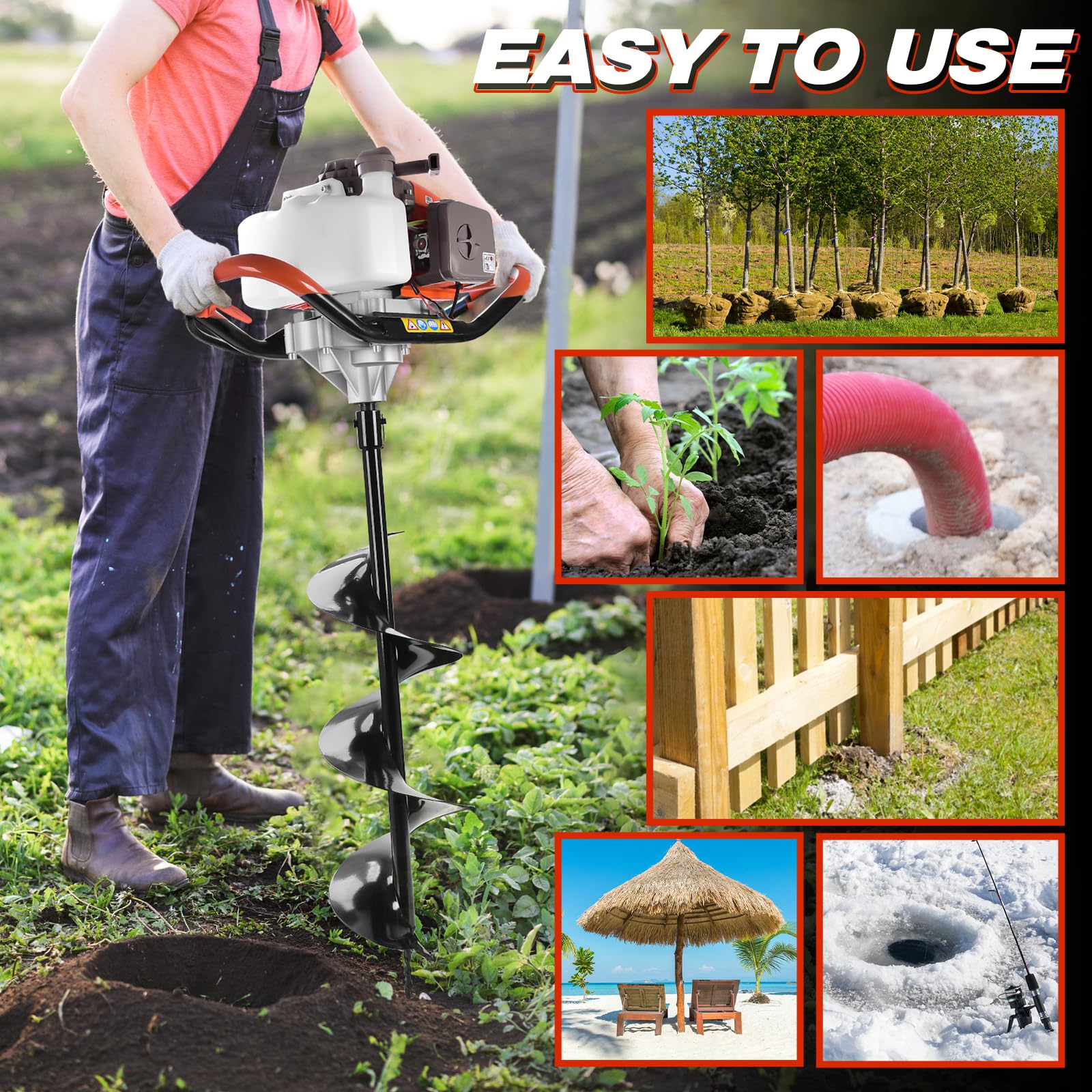 Dc House Post Hole Digger 52cc Post Hole Digger 2-Stroke Petrol Gas ...