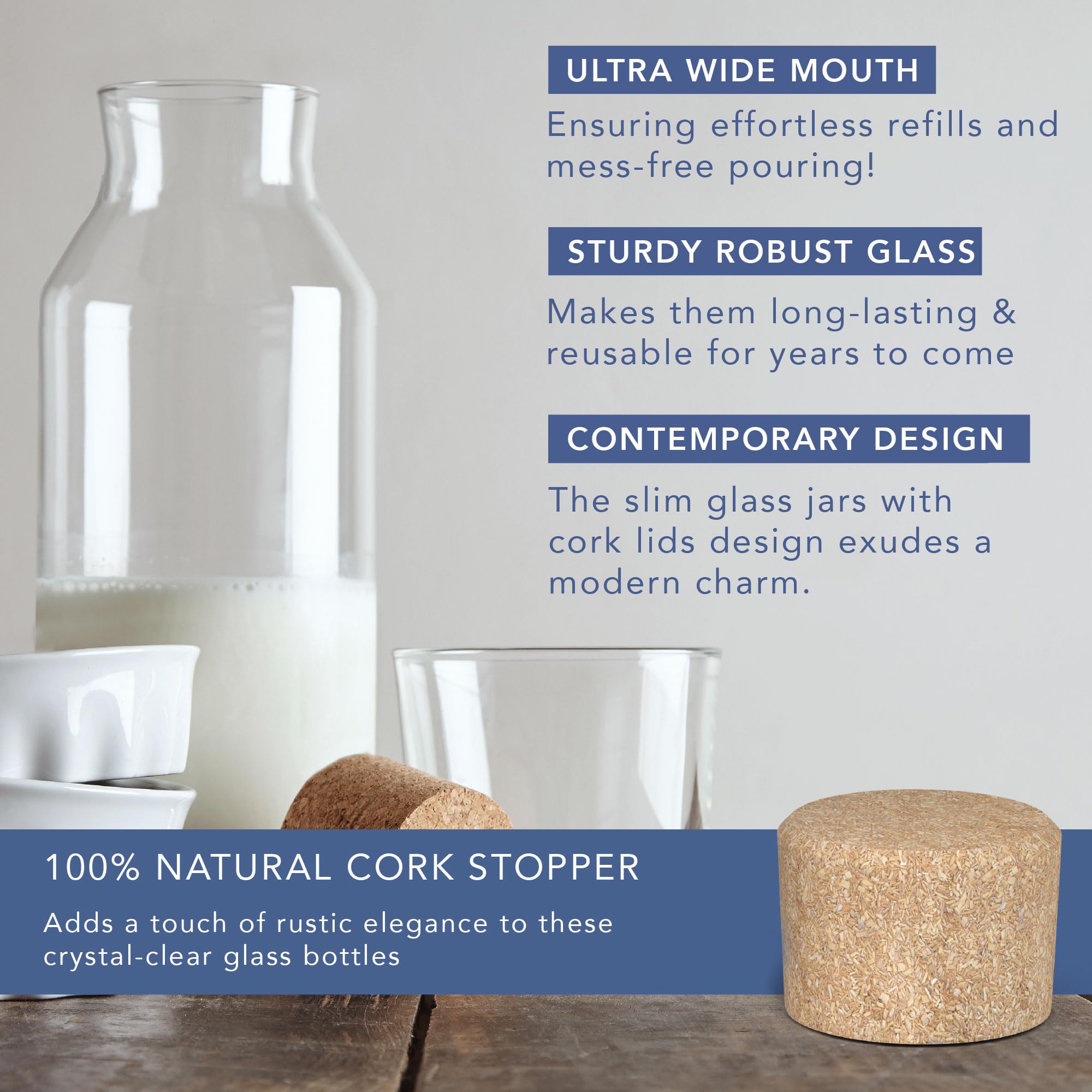 HEFTMAN Karafka Szklana Butelka - Szklana butelka o pojemności 1,5 l z pokrywką korkową, przezroczysta karafka na wodę do gorących i zimnych napojów, słoiki na płyn do zmiękczania tkanin wielokrotnego