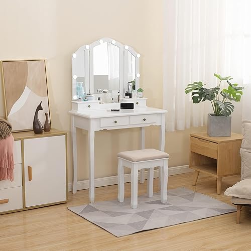 Miniatura 7 de Caroeas Vanity, tocador de maquillaje triple plegable con espejo, luces y taburete acolchado de tocador, juego de tocador de madera maciza, 4