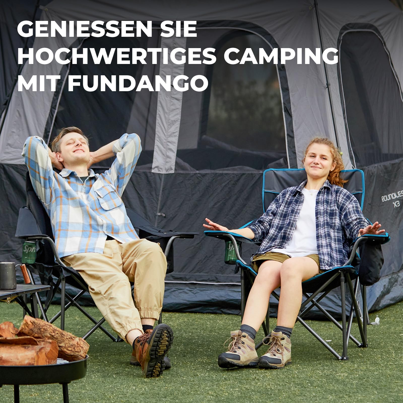 FUNDANGO Campingstuhl Faltbar 250KG Übergroßer Camping Stuhl Gepolster mit Verstellbarer Rückenlehne, Klappstuhl Camping mit Getränkehalter & Kühltasche XXL Angelstuhl Outdoor Stuhl, Schwarz/Grau
