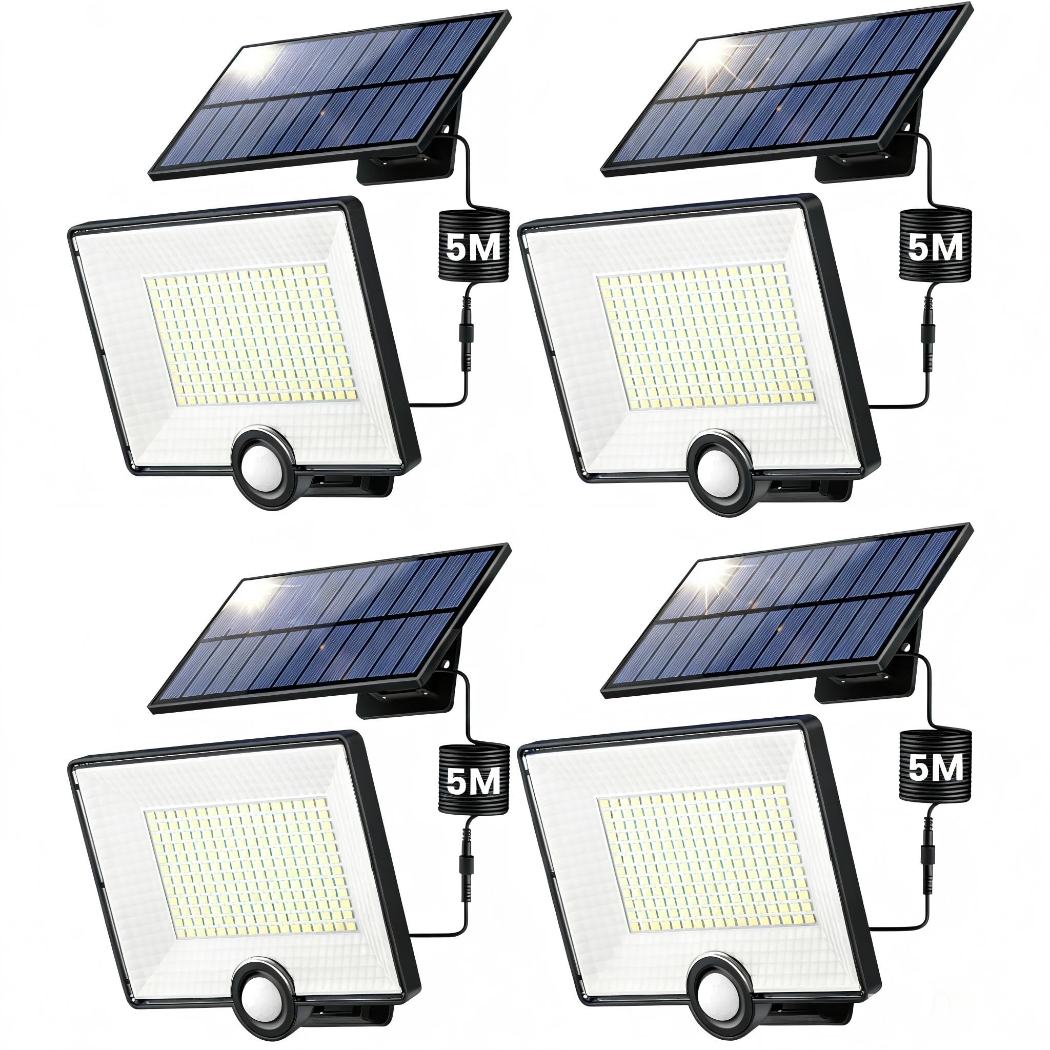 Solarlampen für Außen mit Bewegungsmelder, 204 LED 3 Modi Solar Aussenleuchte mit 5m Kabel IP65 Wasserdicht,Solar Wandleuchte Aussen Lampe Outdoor Solarleuchte 270° Solarstrahler für Aussen-4 Stück