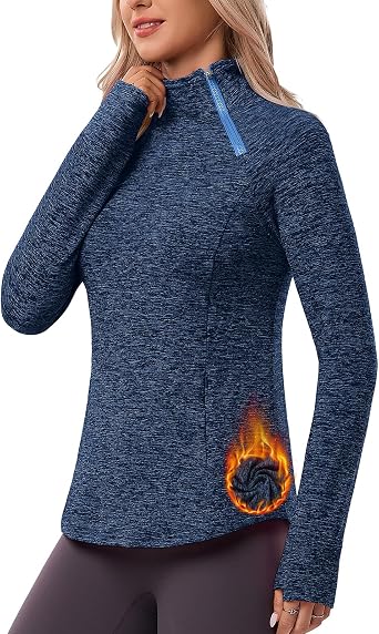 Soneven Womens Fleece Lined Running Sweatshirt 1/4 Zip Asymmetric Neck Winter Outfits with Pockets and Thumb Holes