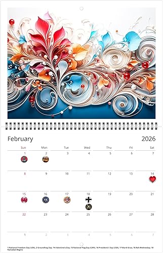 Miniatura 6 de Calendario de pared 2026 con gracia floral - Elegante floración con vacaciones (clásico de plegado medio, grande de 11 x 17 pulgadas)