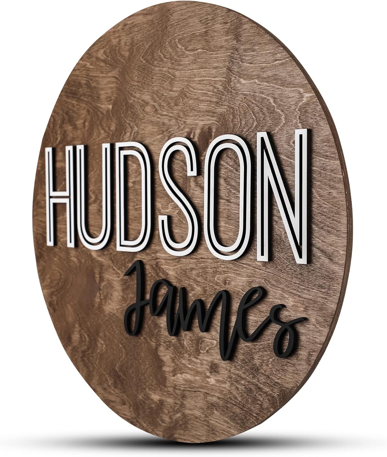 Custom Round Nursery Name Sign, Personalized Wooden Wall Plaque, 12" 18" 24", 30" 3D Wall Art for Children & Kids Rooms, Baby Shower, Hickory Hollow Designs (Hudson James)