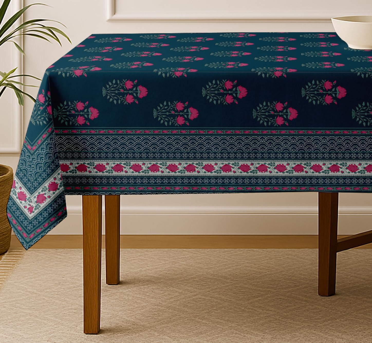 Floral Design Tablecloth- Blue 60x60 Inch Cotton Twill Dining Table Cover, Perfect for 4 Seater Tables, Durable, Protective & Washable, Ideal for Everyday Use, Festive Occasions & Gatherings