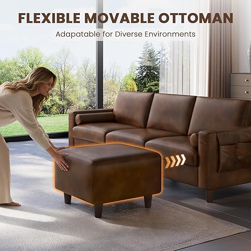 Miniatura 7 de Vesgantti Sofá de Cuero Sintético PU de 100" con Otomana Móvil, Sofá Seccional de Cuero en Forma de L de 3 Plazas con Bolsillo Lateral, Cómodo Sofá
