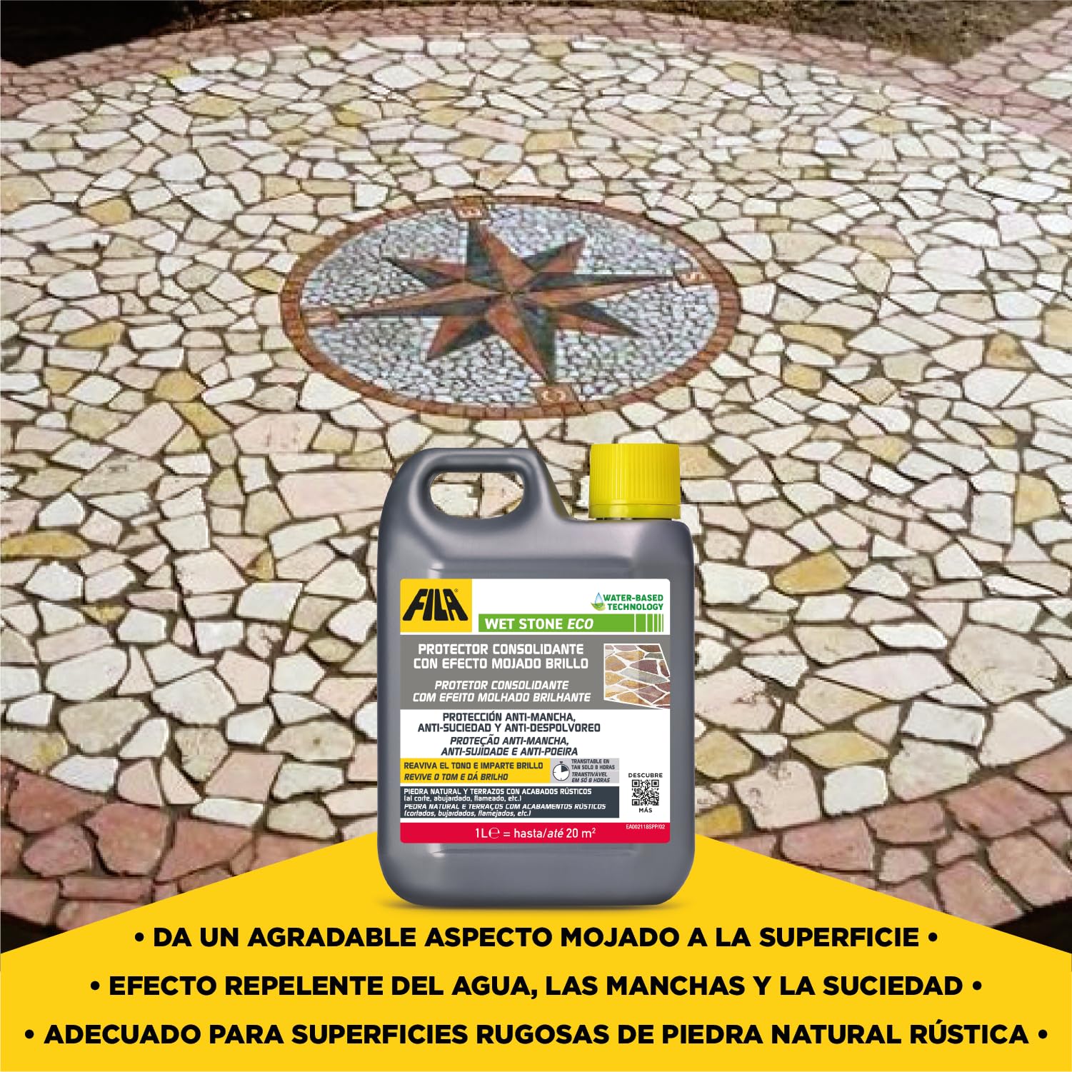 FILA Surface Care Solutions, WET STONE ECO, Protector de Piedras Naturales a Efecto Mojado, Hidrofugante Piedra, Repelente de Manchas y Suciedad,Suelos Interiores y Exteriores, Base Acuosa, 1L