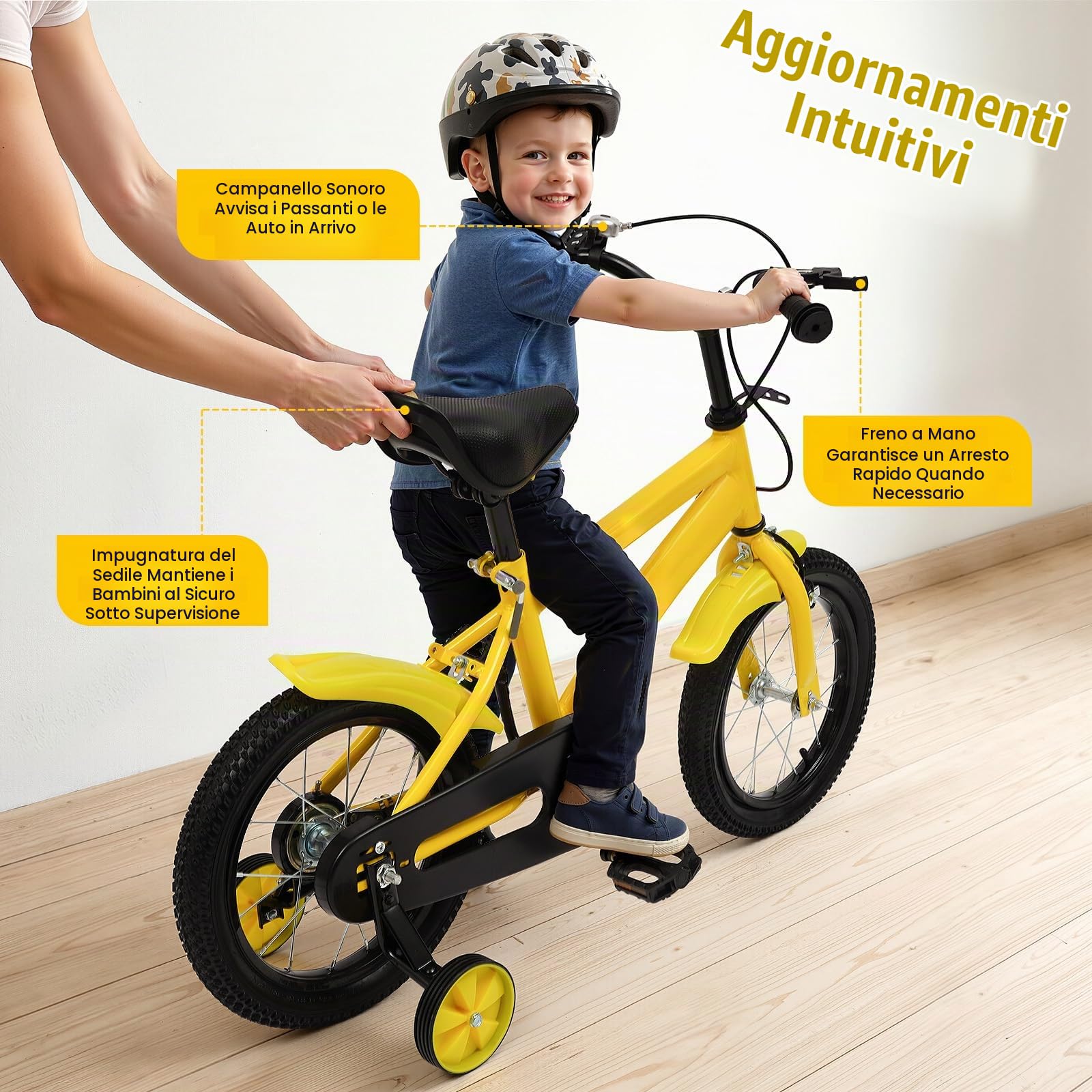 Bicicletta per bambini da 14 pollici regolabile in altezza, a partire dai 3 anni, bicicletta sicura con rotelle stabilizzatrici e sistema a doppio freno, per ragazzi e ragazze, perfetta per