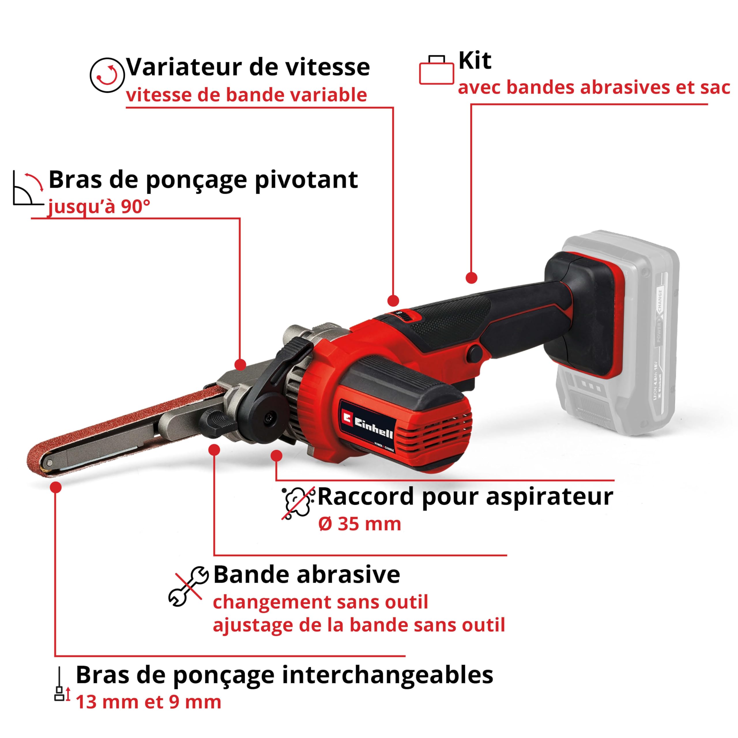 Einhell Lime à bande sans fil TE-BF 18 Li Solo Power X-Change (18V, bras de ponçage pivote jusqu’à 90°) Livré sans Batterie ni Chargeur
