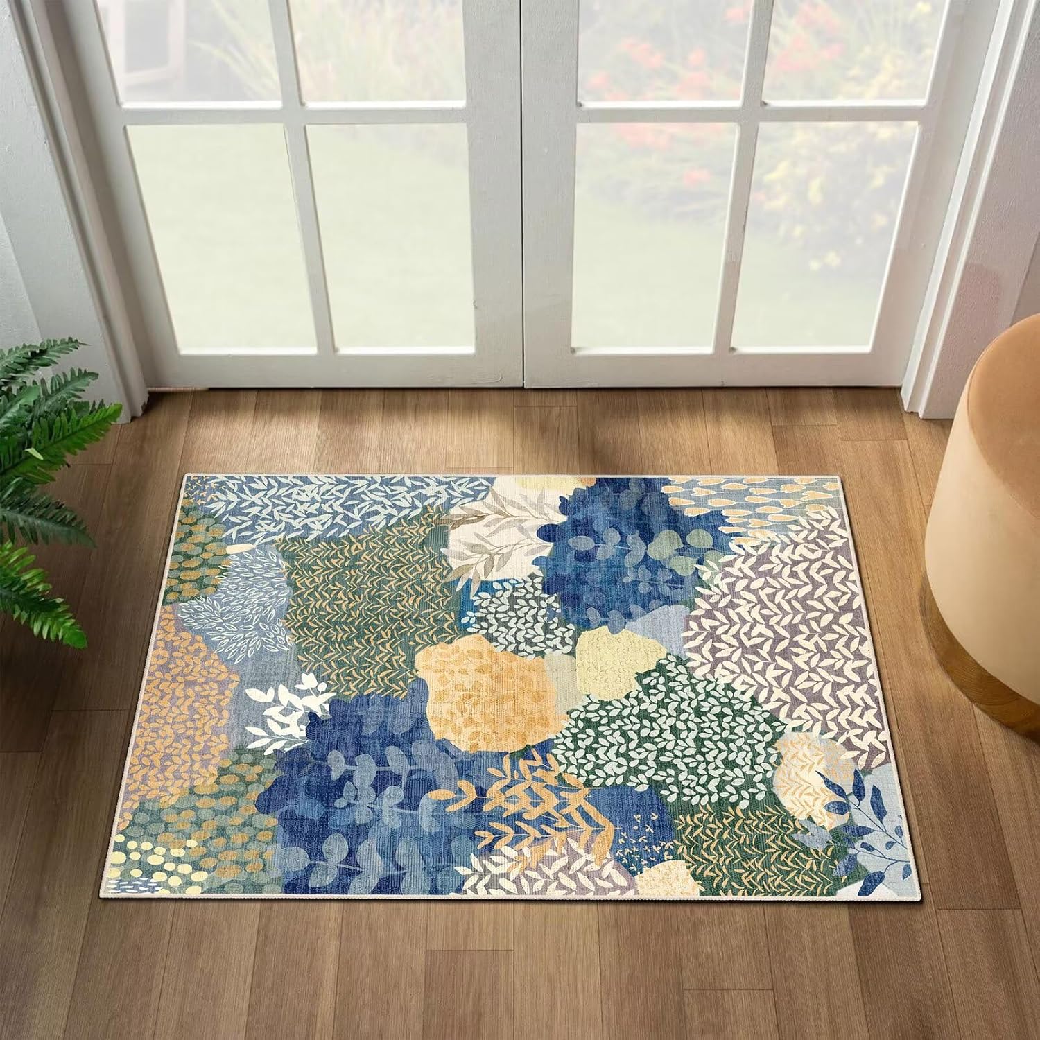 DEXDE 2x3 Area Rug, Small Boho Rugs Entryway Doormat Indoor Machine Washable Non-Slip Abstract Botanical Leaves Floral Print Floor Carpet for Living Room, Bedroom, Office, Kids Playroom,Blue