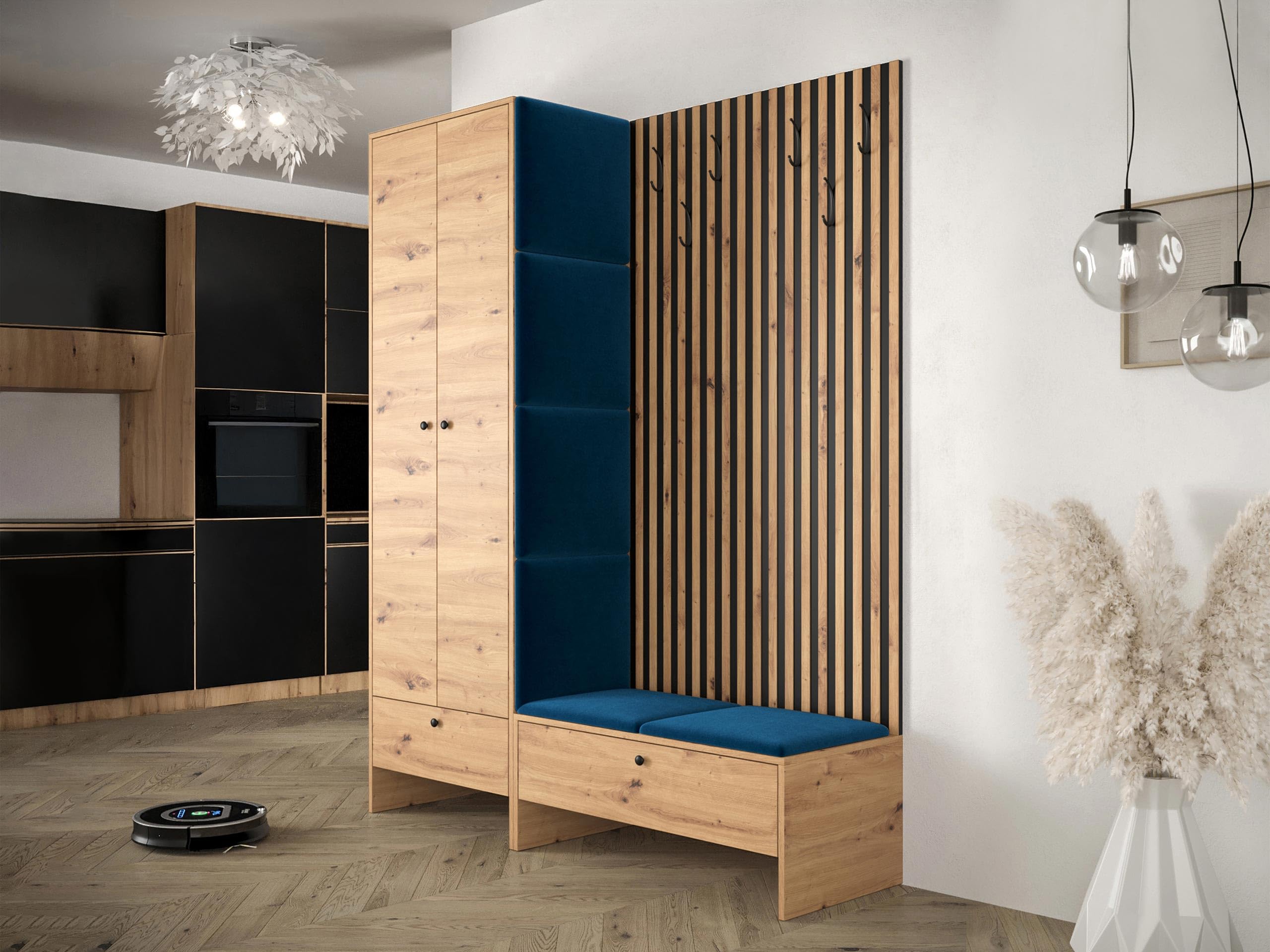 Mirjan24 Garderoben-Set Melire III Kleiderschrank Schuhschrank Lamellen Paneel mit Kleiderhaken Gepolstertes Paneel Wandpaneel Kleiderstange Wandgarderobe Flurgarderobe Eiche Artisan Manila 26
