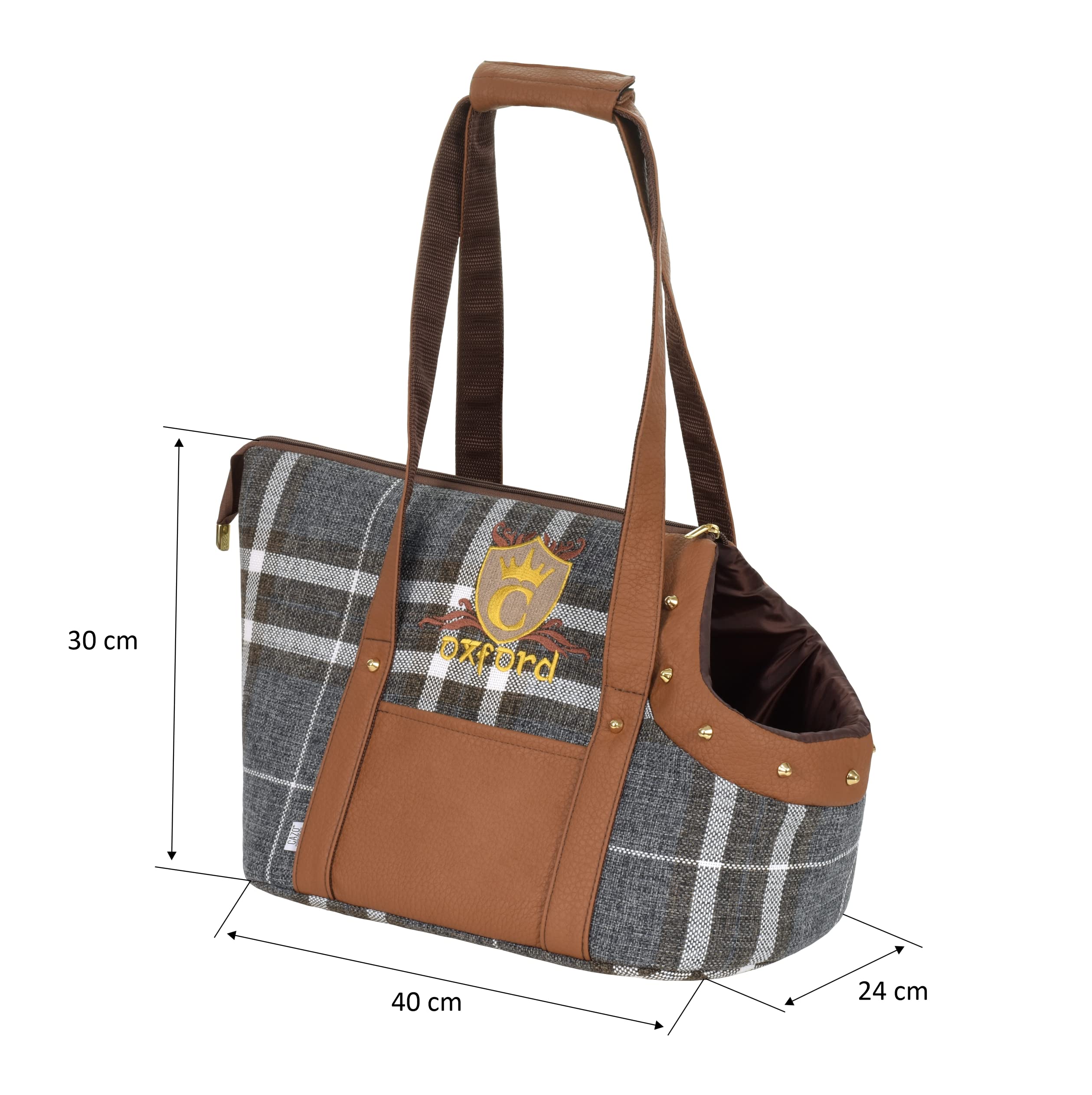 CAZO Oxford Borsa per il trasporto di cani e gatti 30 x 40 x 24 cm, marrone, scozzese, LXD1001