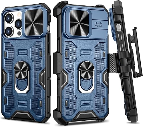 Miniatura 10 de VEGO Armor - Funda para iPhone 15 Pro Max 5G 2023, funda de cámara deslizante y funda de clip para cinturón y soporte magnético de 360 con anillo de