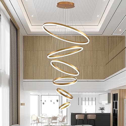 Miniatura 7 de Candelabro LED moderno con 6 anillos, luz colgante circular regulable con control remoto, lámpara colgante grande de techo alto negro para