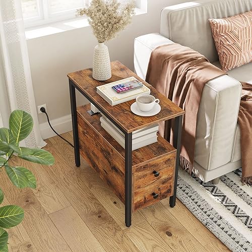 Miniatura 2 de HOOBRO Mesa auxiliar con estación de carga, mesa auxiliar estrecha con 2 cajones y tomas de corriente, mesita de noche espacios pequeños, marrón