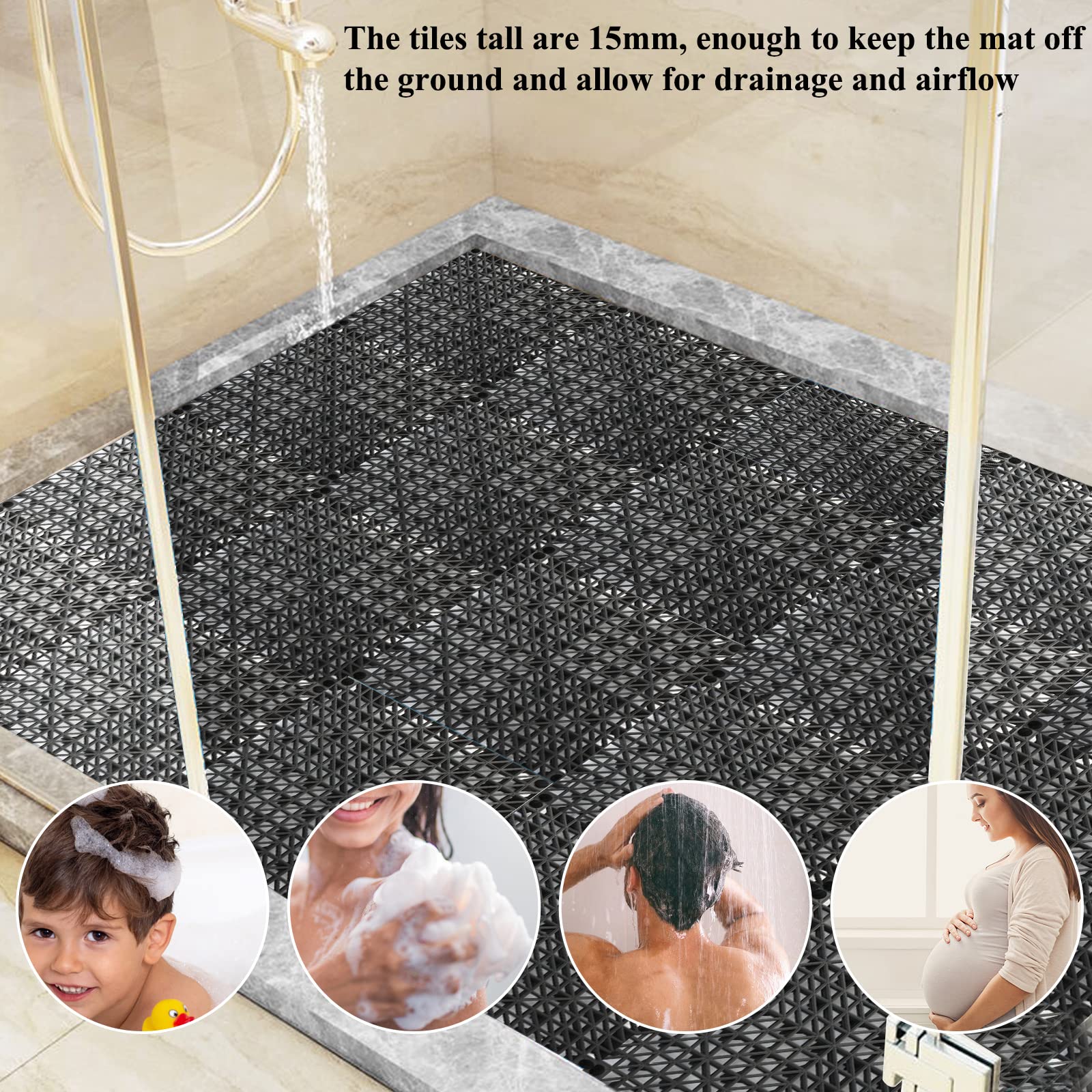 16 Pack Interlocking Drainage Floor Tiles, 15.7x15.7 Inch, Anti-Slip Rubber Mats With Drain Holes For Garage, Patio, Gym & Outdoor Showers