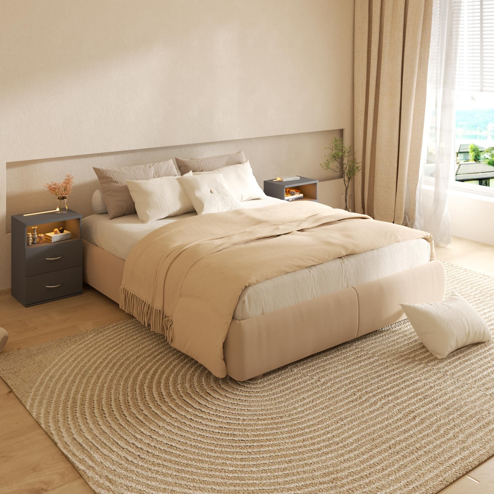Casaria® Comodino Set da 2 Illuminazione LED Touch 40x28x55cm in Legno 2 Cassetti Camera da Letto Tavolino Comodini