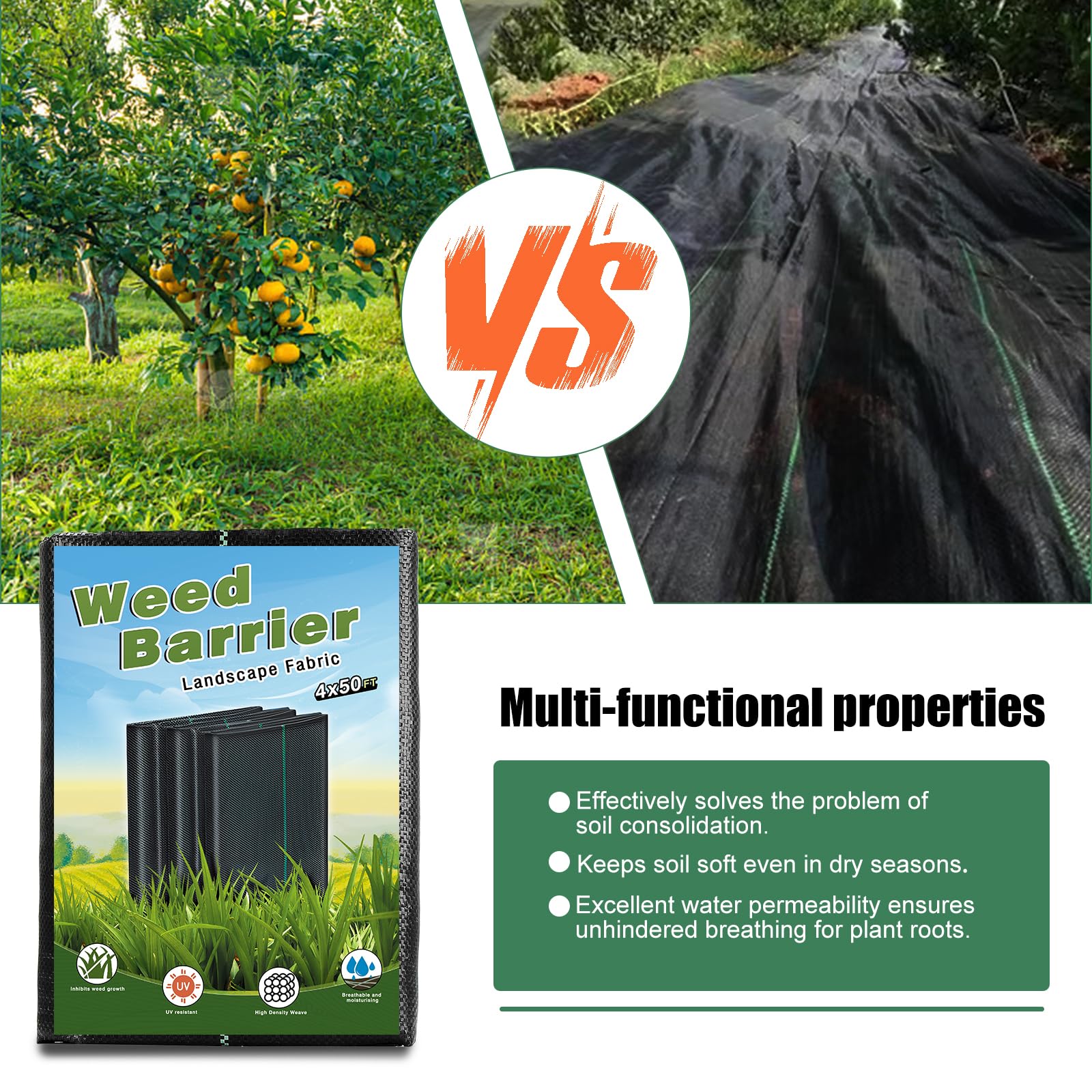 4 x 100FT Garden Weed Barrier Landscape Fabric Heavy Duty Weed Fabric Barrier Premium Garden Ground Cover Weed Control Mat with 30 U-Shaped Securing Pegs for Garden Farming Ground (4 x 50FT 2 Pack)