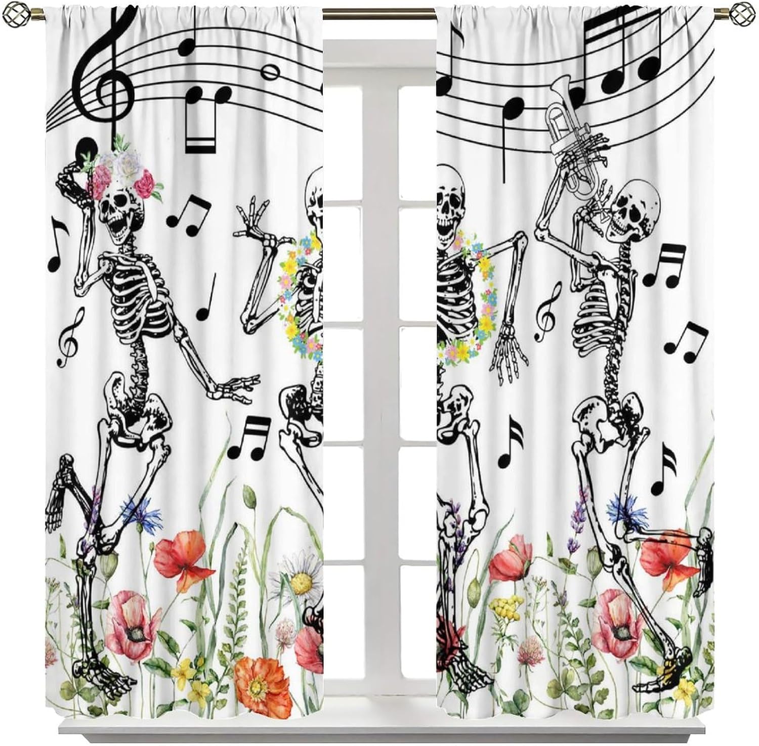 Funny Skull Blackout Window CurtainGothic Skeleton Dancing Saxophone Music Wildflower Floral Curtain for Home Kitchen Livingroom Coffee Room Window Curtain 2Panel 42" W X 45" L