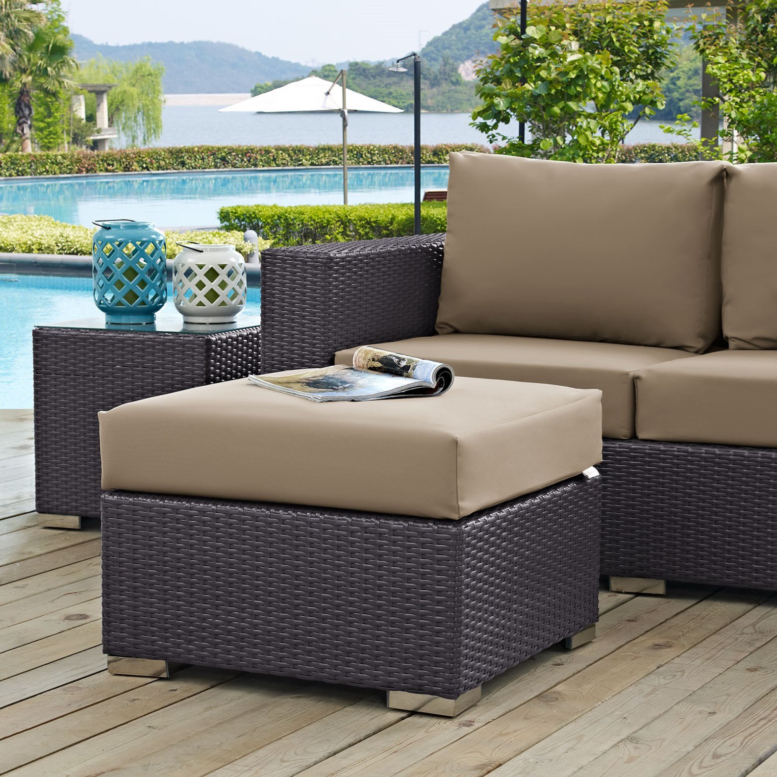 Modern Contemporary Urban Design Outdoor Patio Balcony Square Ottoman, Brown, Rattan