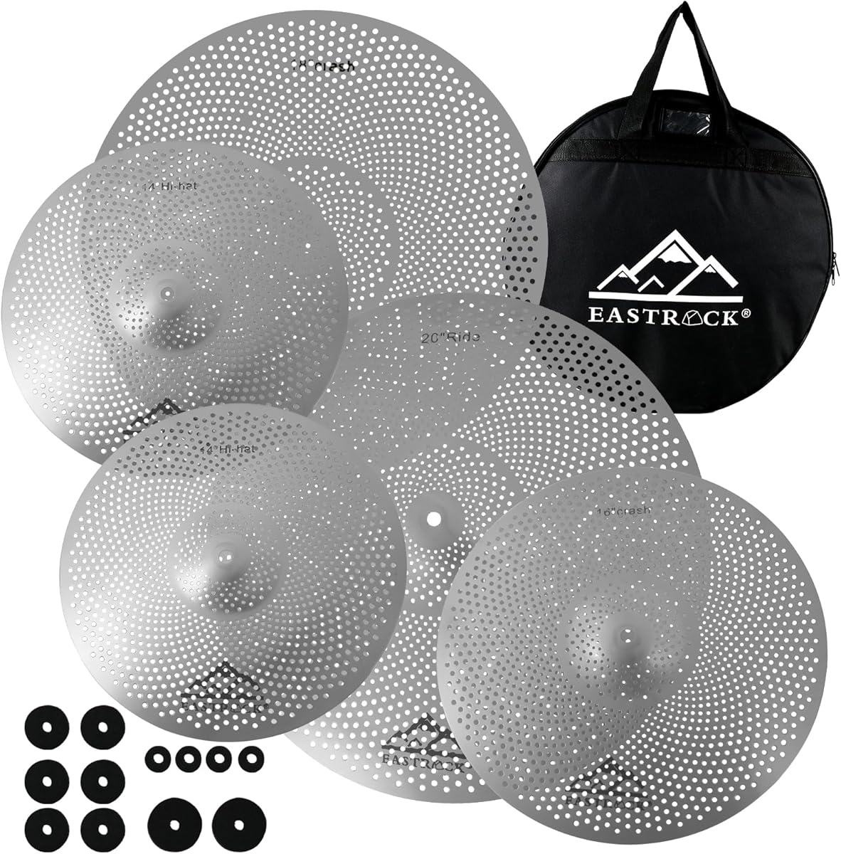 EASTROCK Low Volume Cymbal Pack - 5 Piece Set, 14" Hi-Hat + 16" & 18" Crashes + 20" Ride with Cymbal Bag and Felts