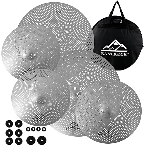 EASTROCK Low Volume Cymbal Pack - 5 Piece Set, 14" Hi-Hat + 16" & 18" Crashes + 20" Ride with Cymbal Bag and Felts