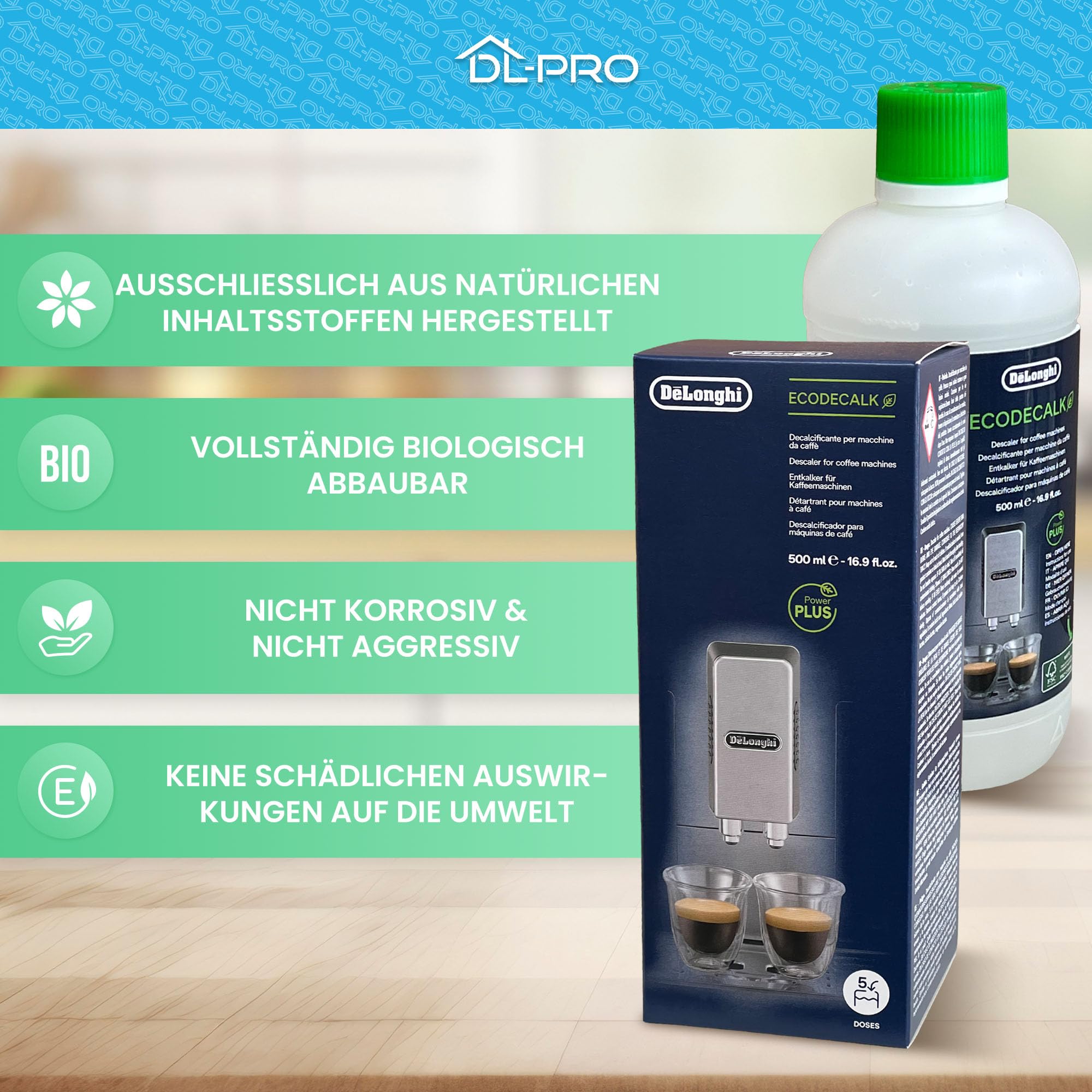 DL-pro Lot de 2 détartrants 500 ml pour machine à café DeLonghi 5513296041 SER3018 DLSC500 EcoDecalk avec brosse de nettoyage DL-pro pour machine à café automatique