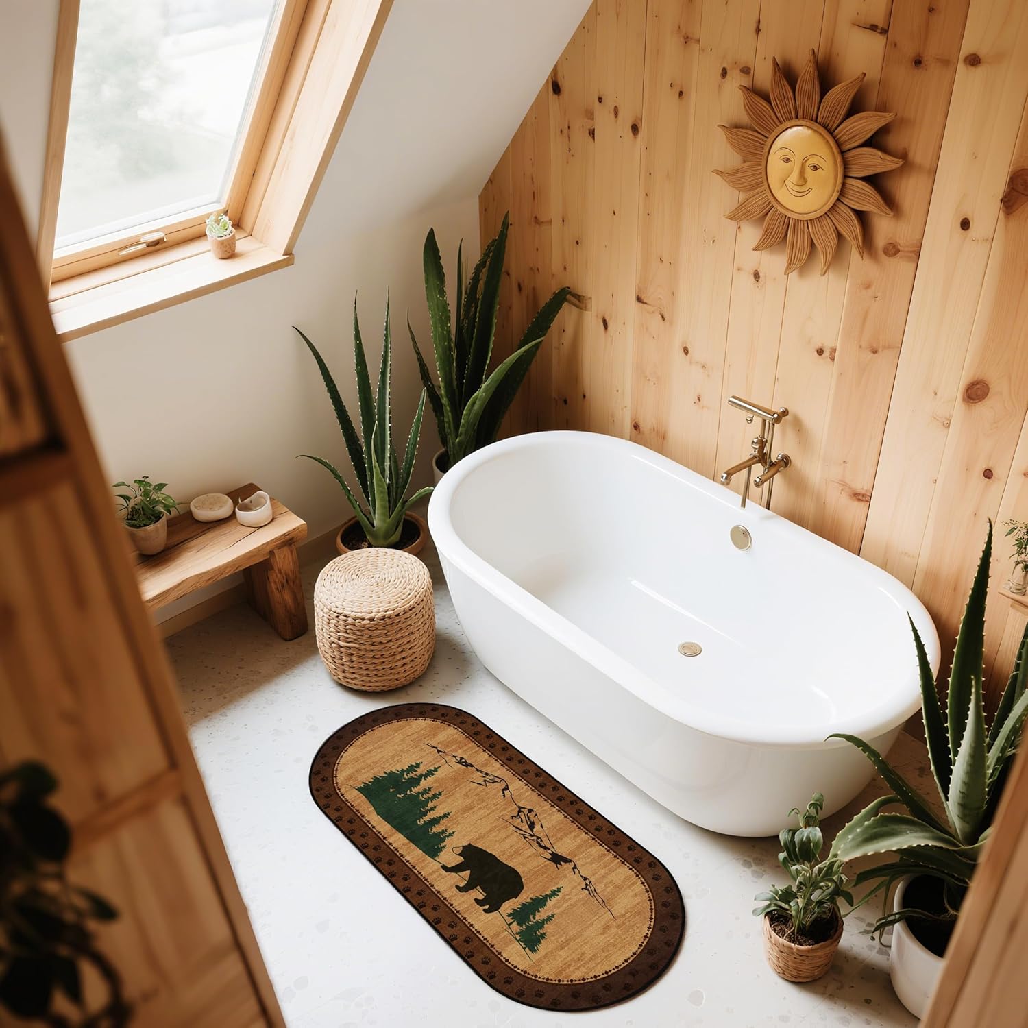 Rustic 2x6 Bear Rug, Thickened Non-Slip Brown Oval Runner Rug with Cozy Bears & Cub Scene, Washable Cabin Lodge Decor for Farmhouse Hallway, Laundry Room, Bedroom, Kitchen, Winter Christmas Area Rugs