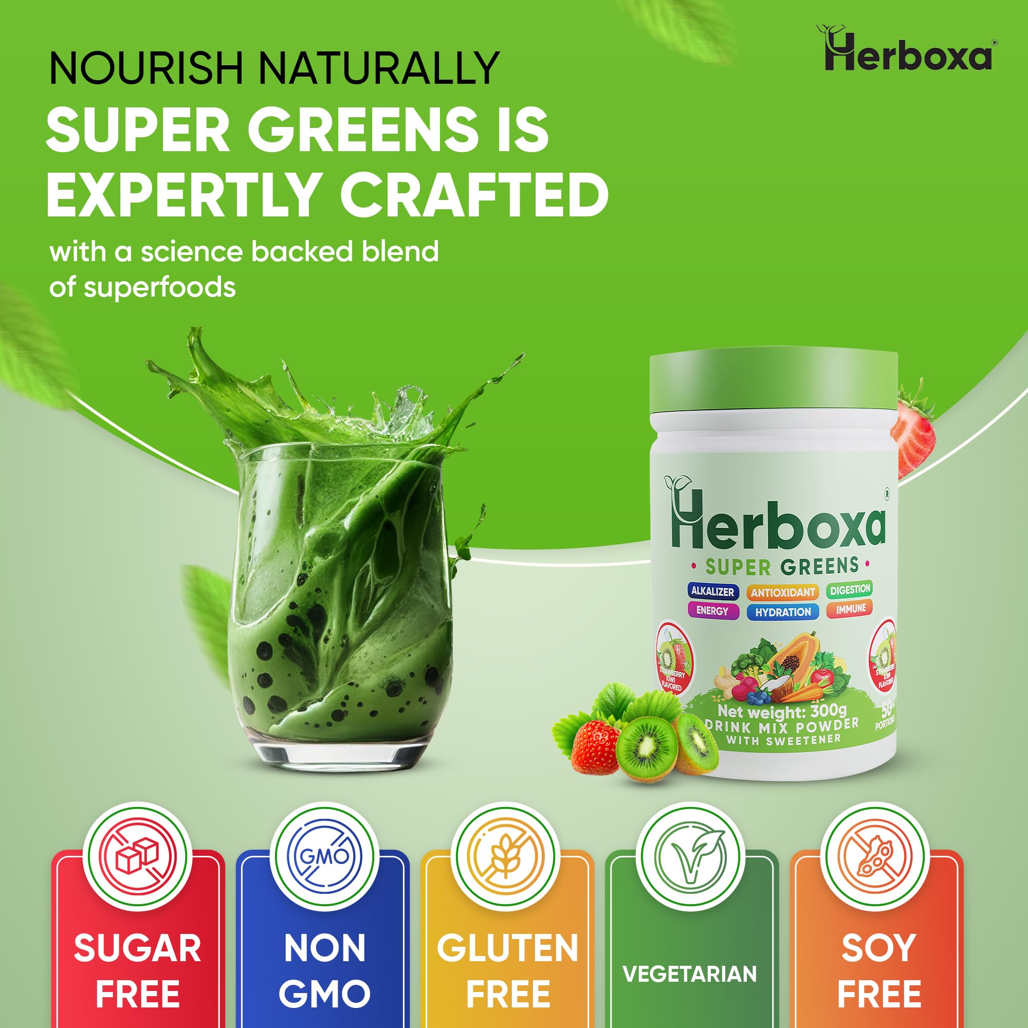 Herboxa SUPER GREENS Integratore Verde 50 Porzioni Fibra Probiotici Enzimi Digestivi Radice di Cicoria Zinco Cromo Gusto Fragola Kiwi Naturale Senza Zuccheri