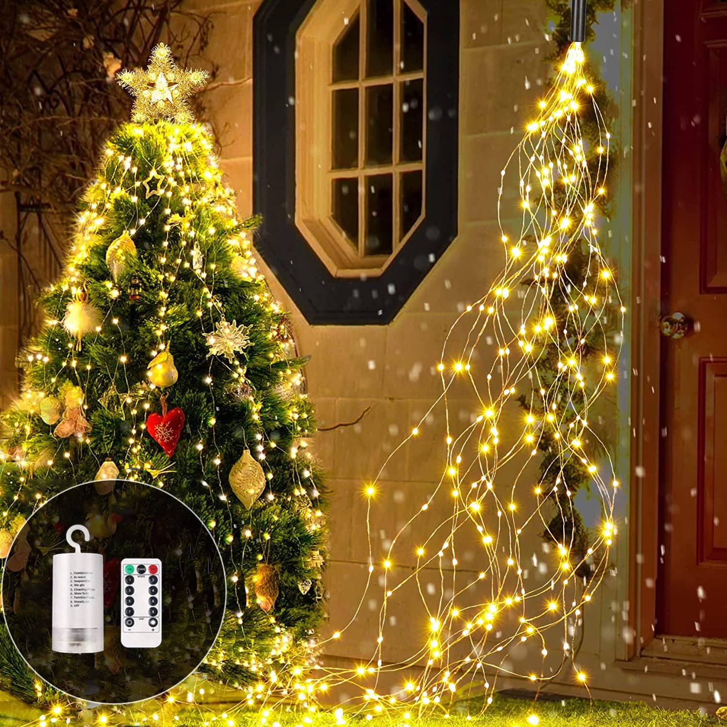 Redefun Light Tail 1 m 100 LED Battery Operated Waterfall Fairy Lights, 8 Modes Waterproof With Timer and Remote Control for Watering Can Indoor Outdoor Garden Decoration (Warm