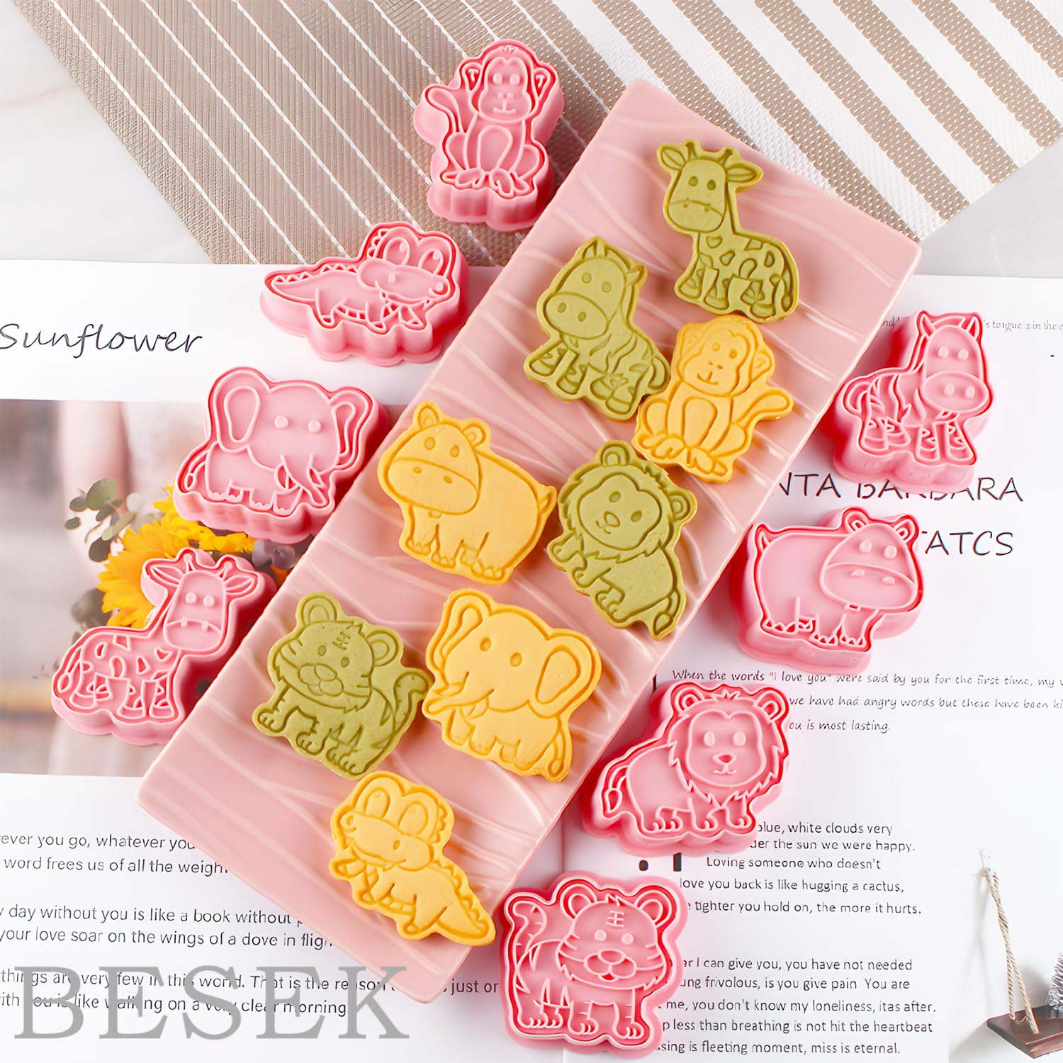 BESEK Cortadores de galletas de animales: con juego de sellos de émbolo, 8 cortadores de Navidad 3D para hornear galletas, fondant, queso
