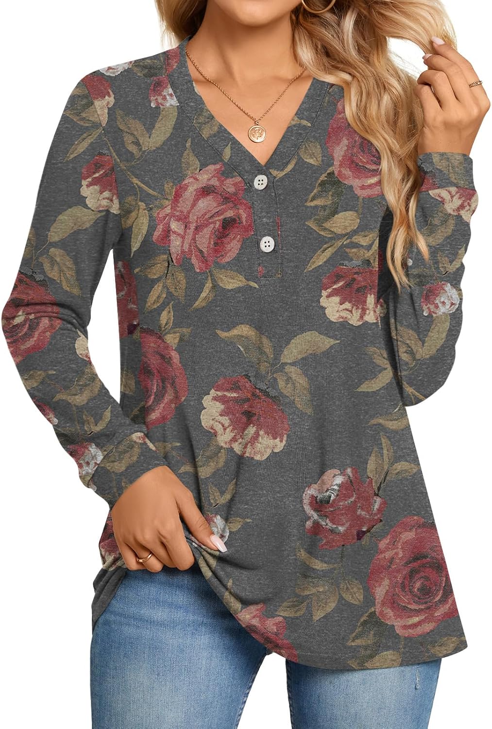 BISHUIGE Womens Button Up T-Shirts Long Sleeve Henley Tunic Tops V-Neck Casual Sweatshirt