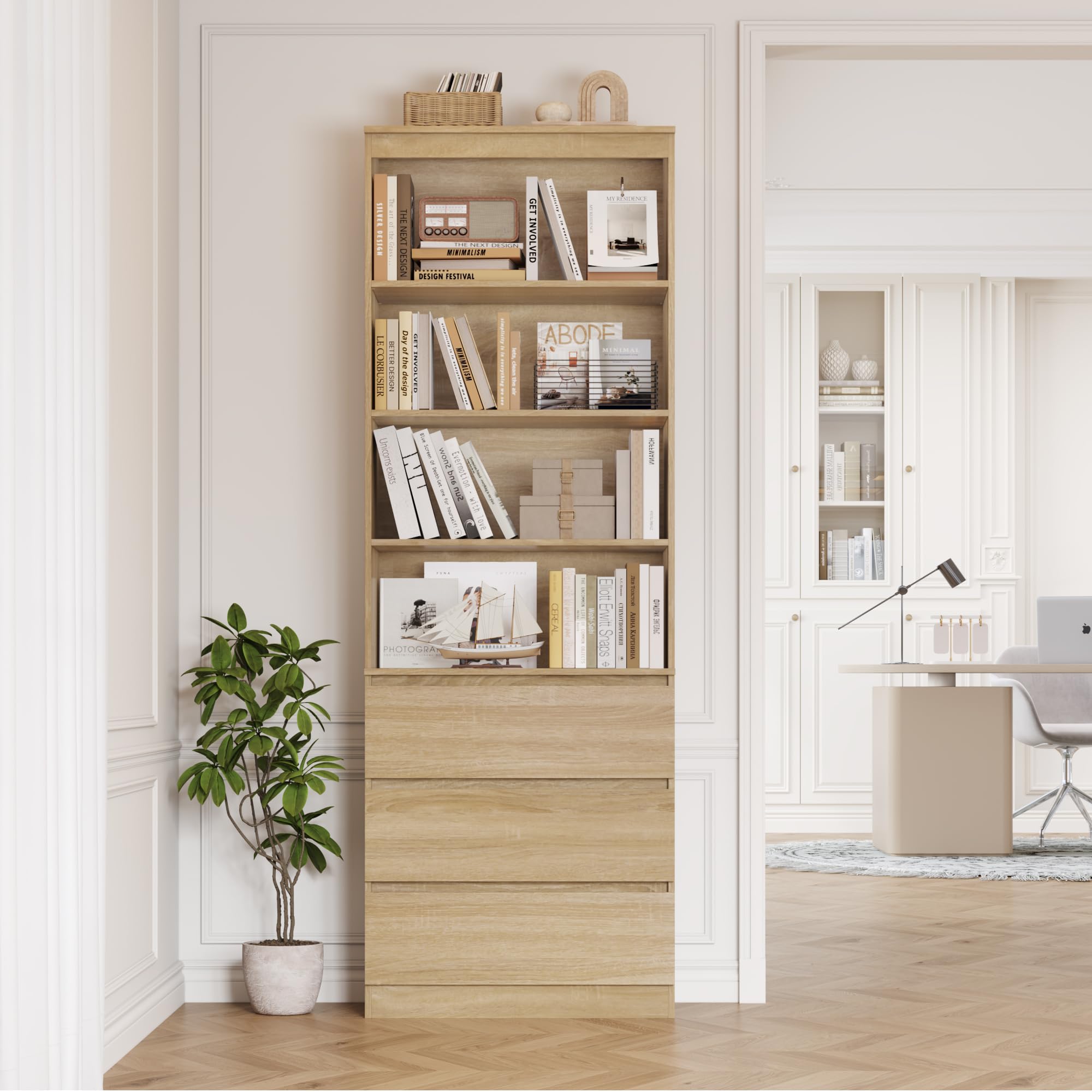 FirFurd Bibliothèque Meuble de Rangement 202cm avec Tiroirs Étagères Chêne | 202x60x35cm, 3 tiroirs fermé, Étagères réglables, Bibliotheques étagere rangement pour salon bureau, Gain de place, Moderne
