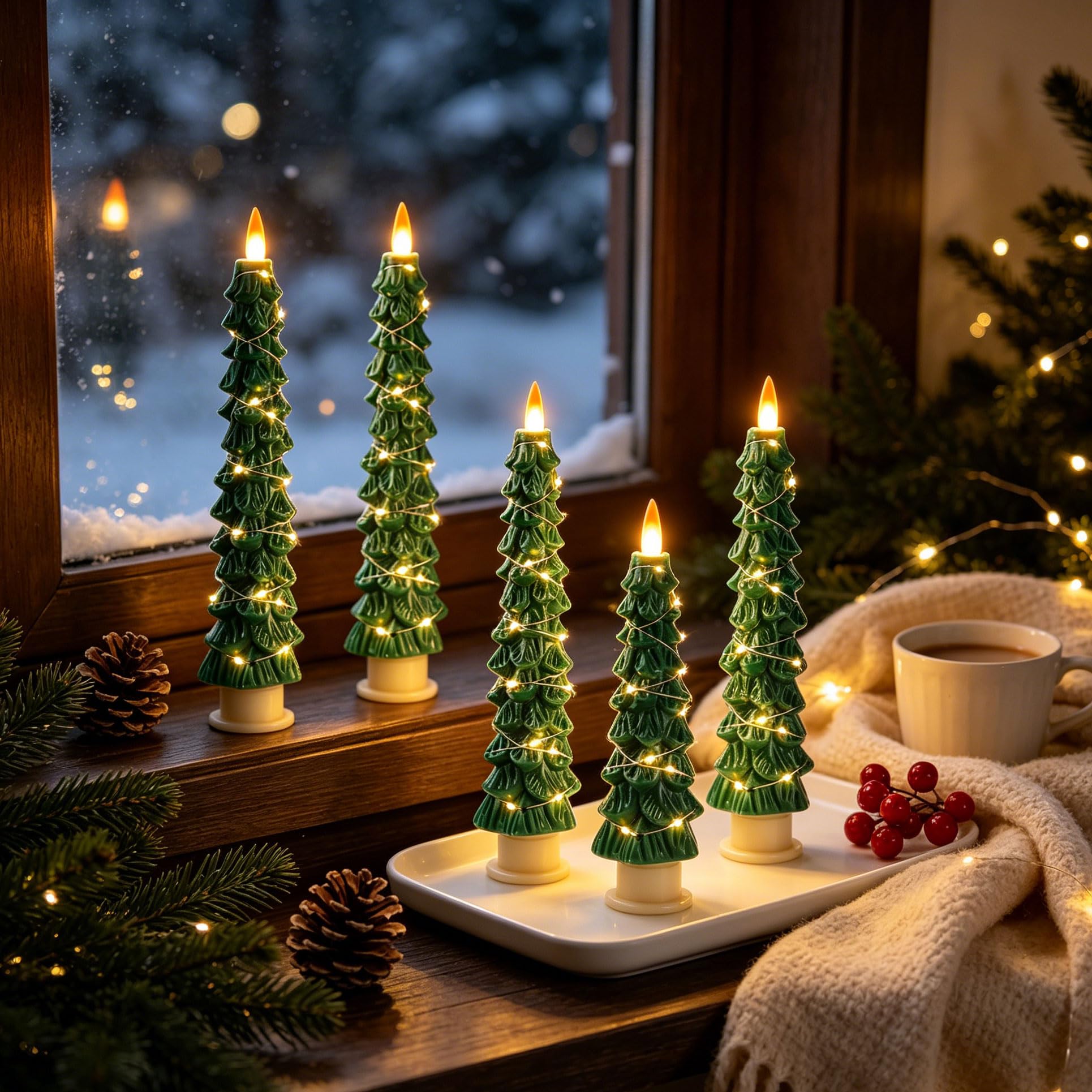 4 Candele LED a Forma di Albero di Natale Verdi, Candele Senza Fiamma con Catena di Rame, Effetto Fiamma Realistico Aggiornato, Funzionanti a Pile con Telecomando per Decorazioni Natalizie e Casa