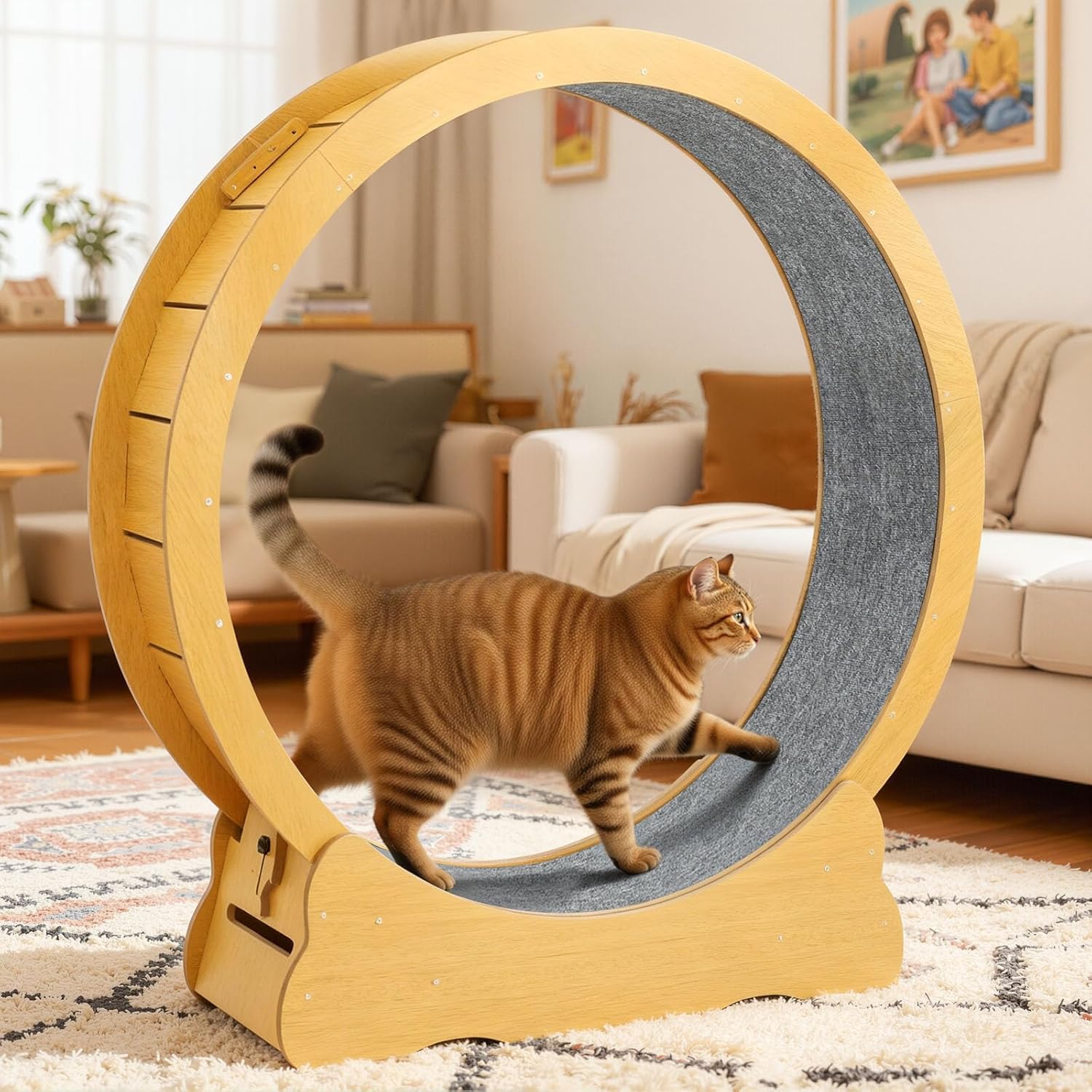 Large Cat Running Wheel 52"/132cm, Ultra-Quiet Indoor Cat Treadmill with Integrated Safety Lock & Noise Reduction Vents, Sturdy MDF Cat Exercise Wheel, Easy Assembly (XXL, Natural Wood)