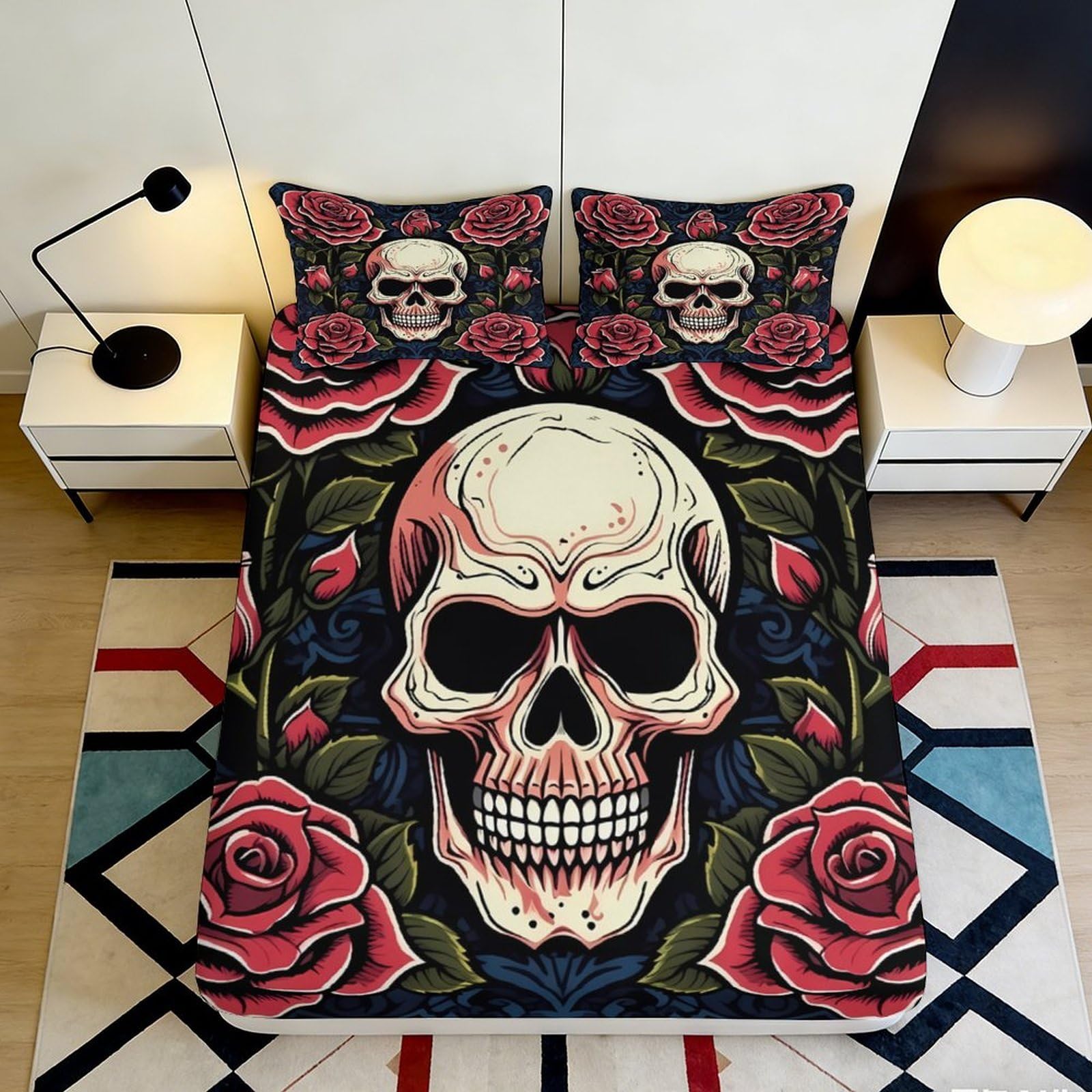 3D Printed Skull Rose Fitted Sheet Microfiber Soft Breathable Gothic Bed Sheet for Bedroom Guest Room Decor 90x200x25cm