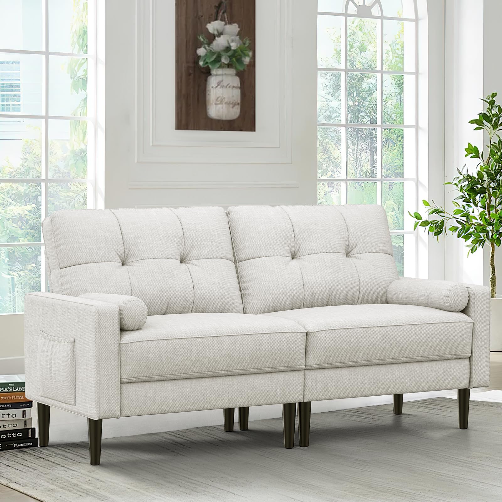 Aotumm Ciort Sofa 2 Plazas, Sofá Moderno con Cojines Gruesos, 2 Almohadas, Cómodo Sofá Lino con 2 Bolsillos de Almacenamiento para Sala de Estar/Dormitorio/Oficina, Fácil Montaje Sofá Pequeño(Beige)