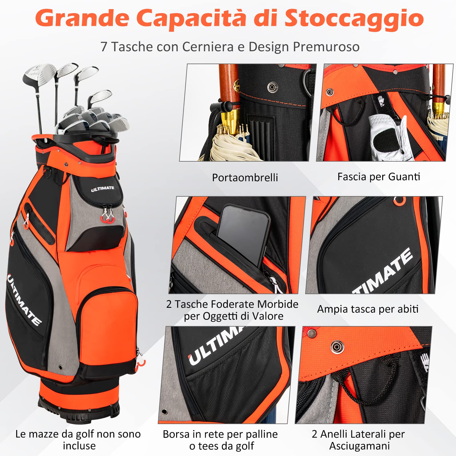 COSTWAY Borsa da Golf Portatile con 14 Divisori Superiori a Tutta Lunghezza, 7 Tasche con Cerniera, Cappuccio Antipioggia, Tracolla, Manico e Portaombrelli, Ideale per Uomini e Donne (Rosso e Grigio)