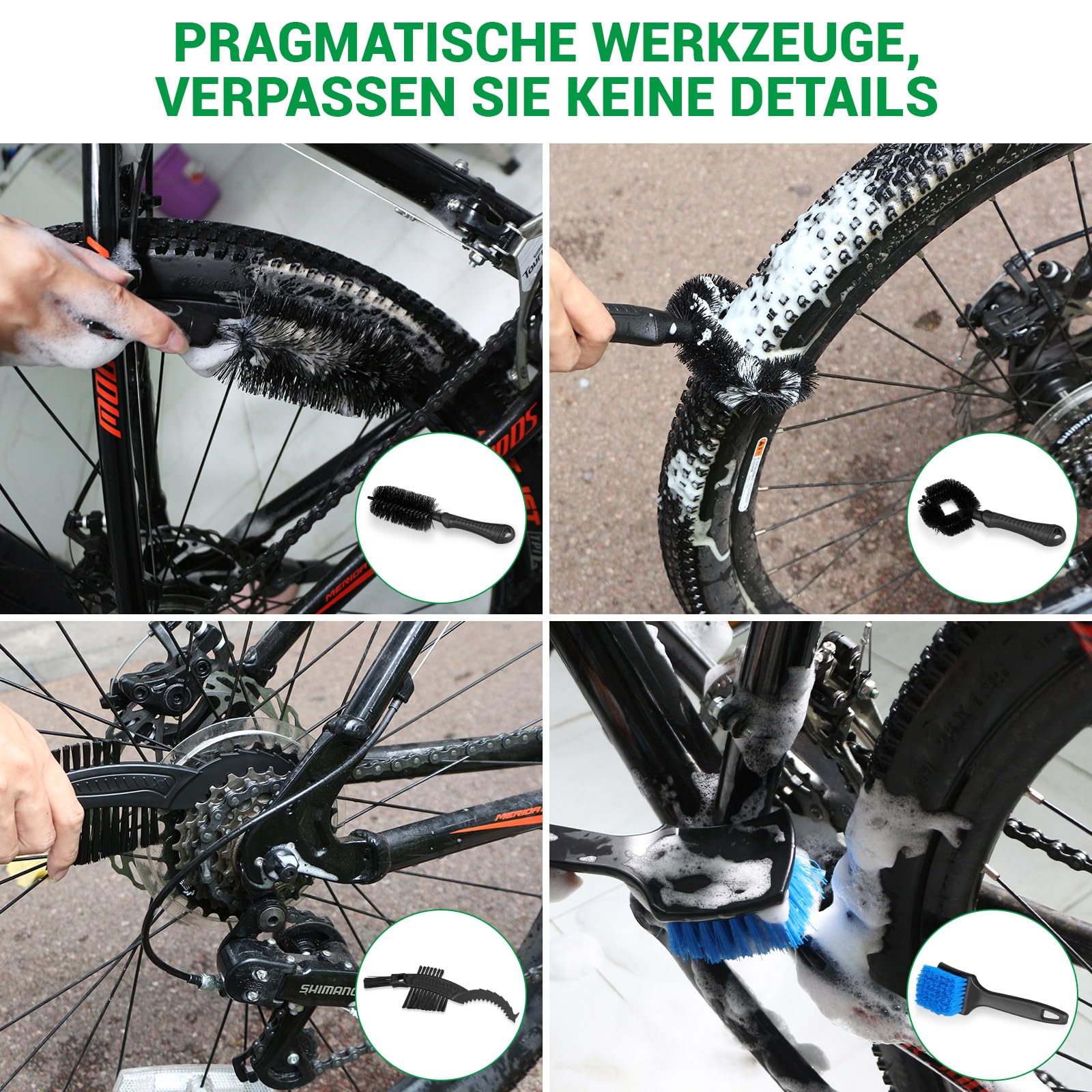 CLOPAE Zestaw do czyszczenia roweru, 7 w 1, zestaw do czyszczenia łańcucha rowerowego, 500 ml pojemności, z wszechstronnymi szczotkami do wszystkich rowerów