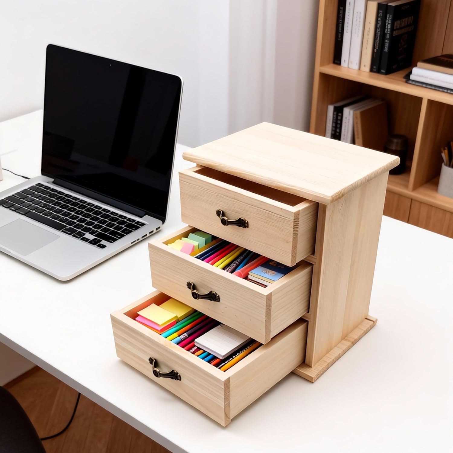 2-Pack Unfinished Solid Wood Boxes with 3 Individual Mini Drawers - Blank Natural Wood Jewelry Storage Box, Paintable & Carvable for DIY Art and Craft Projects