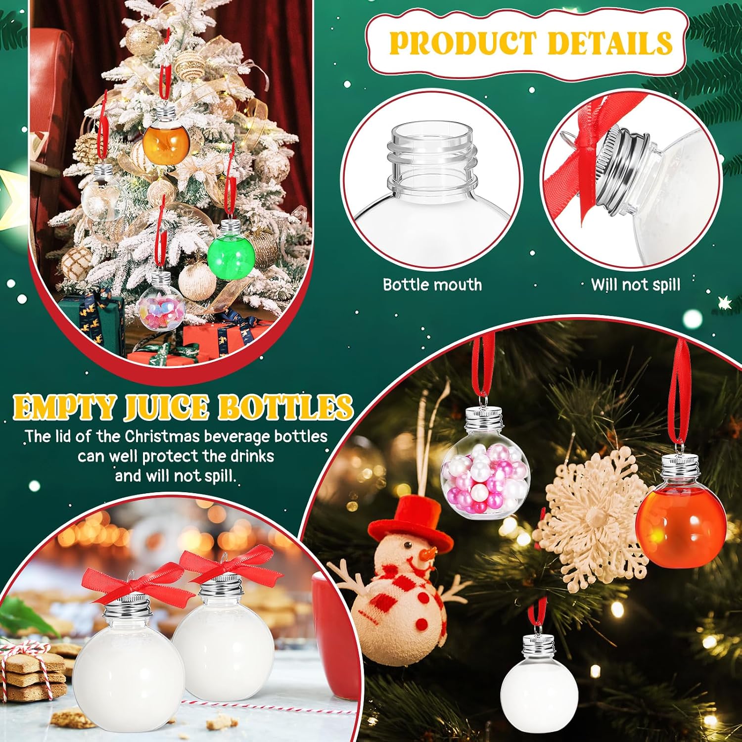 10pcs Bulb Shaped Airtight Juice Bottles with Silver Oxidized Caps and Red Hanging Ropes 100ml Christmas Drink Containers Candy Bottles for Holiday Party Decorations