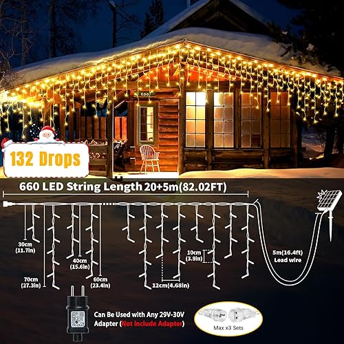 Miniatura 2 de Luces solares de Navidad para exteriores de 66 + 16 pies, 660 luces LED de carámbano para exteriores con 8 modos recargables conectables y