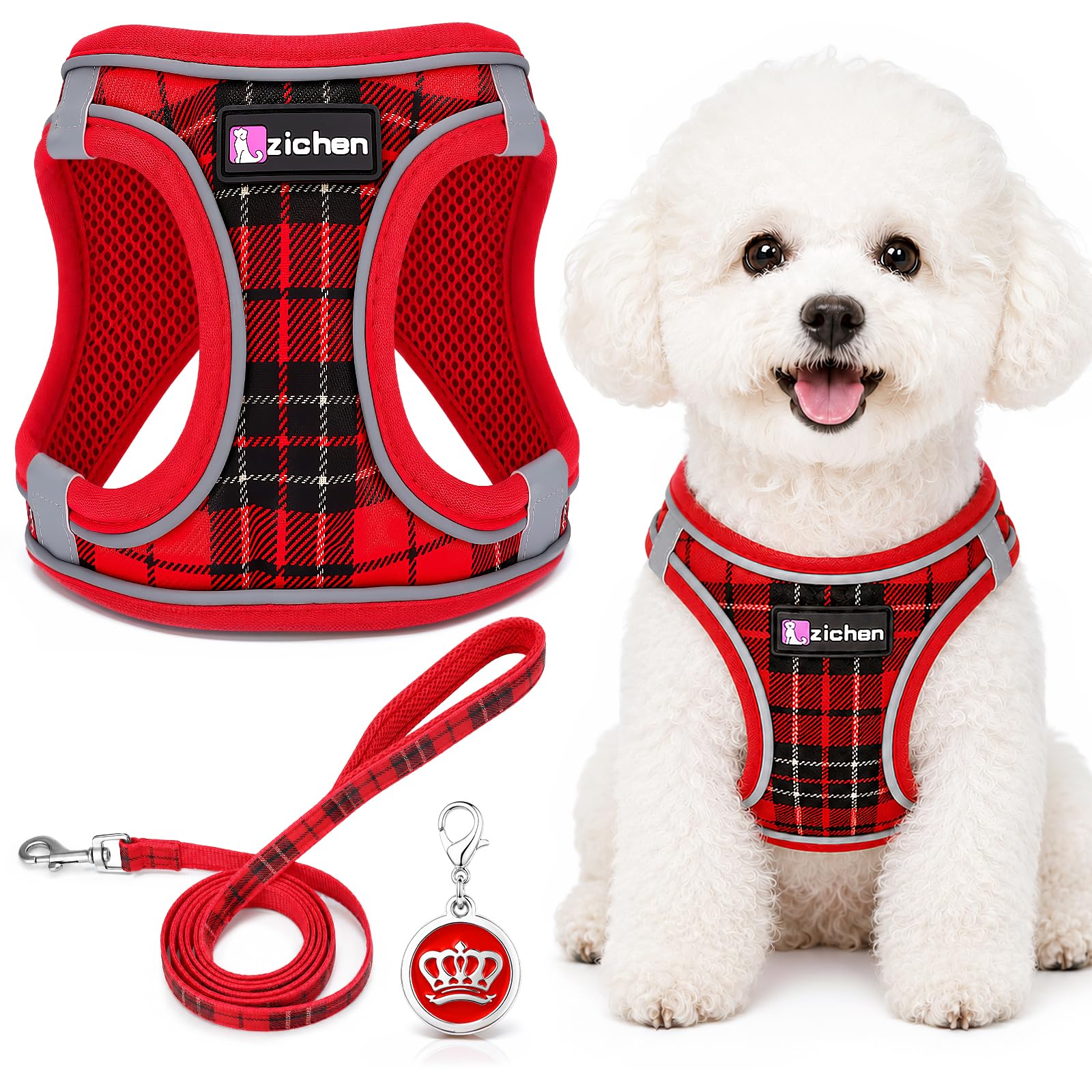 3Pcs Dog Harness and Lead Set, Step-In Dog Harness, Adjustable No Pull Puppy Vest, Reflective Dogs Harness, Breathable Mesh Small Pet Harness for Walking Training Outdoor (Red, S)