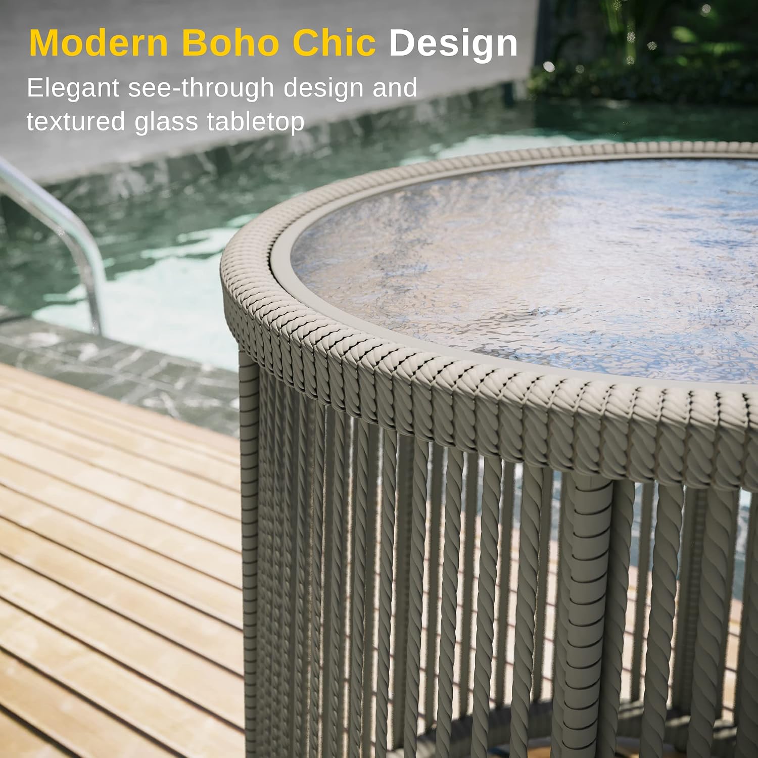 EAST OAK Breezeway Patio Furniture Set, 3-Piece Outside Bistro Set Handwoven Rattan Wicker Chairs with Waterproof Cushions, Tempered Glass Table, Outdoor Conversation Set, Ivory White & Jungle Green