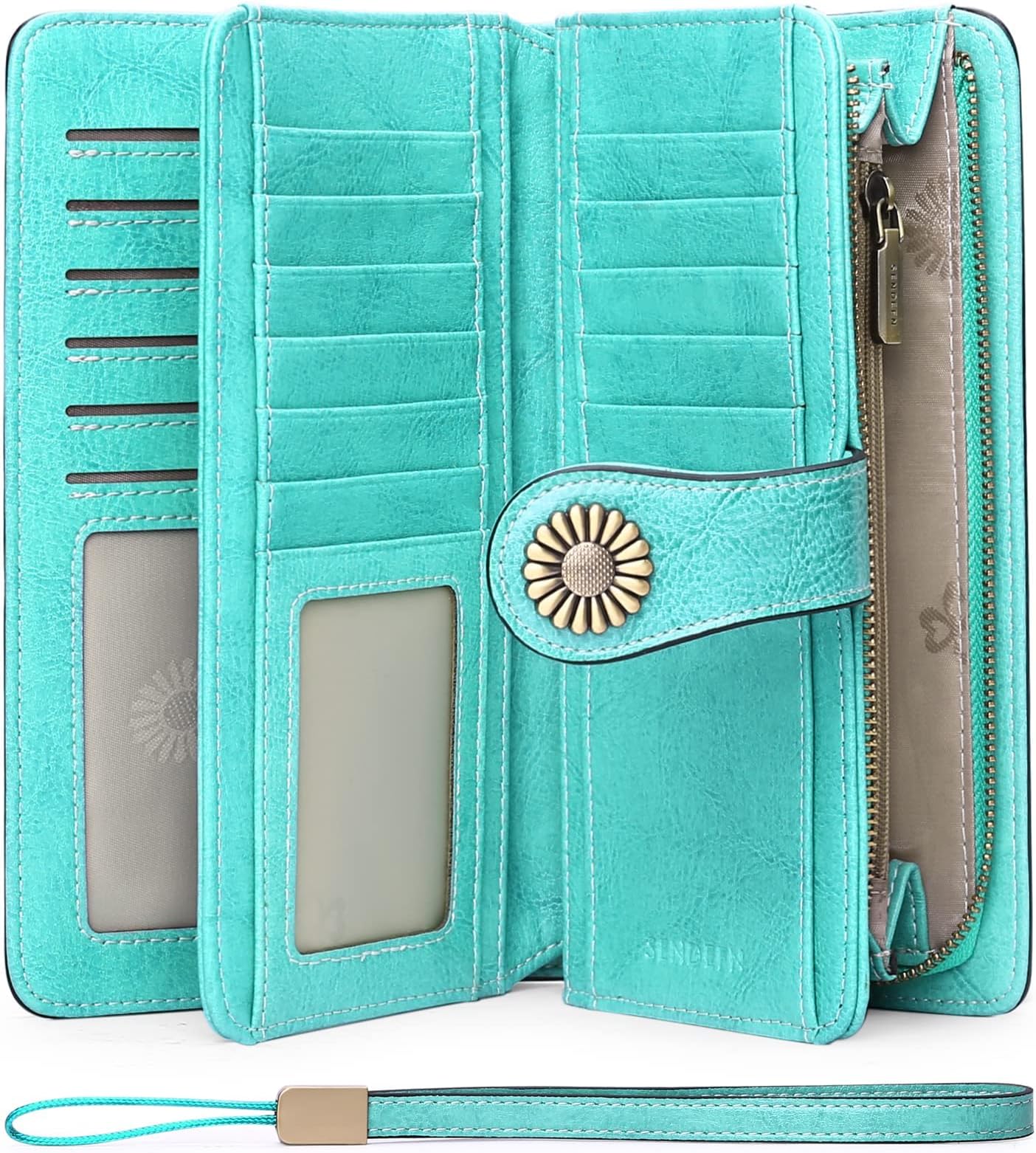 SENDEFN Women's Genuine Leather RFID Blocking Wallet with Wristlet, Green, Large Capacity, Classic Casual