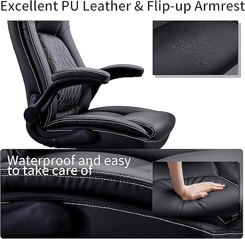 Miniatura 6 de DYHOME Silla de oficina con respaldo alto, soporte lumbar ajustable, brazos abatibles, de cuero negro, ergonómico, grande y alto, para oficina en