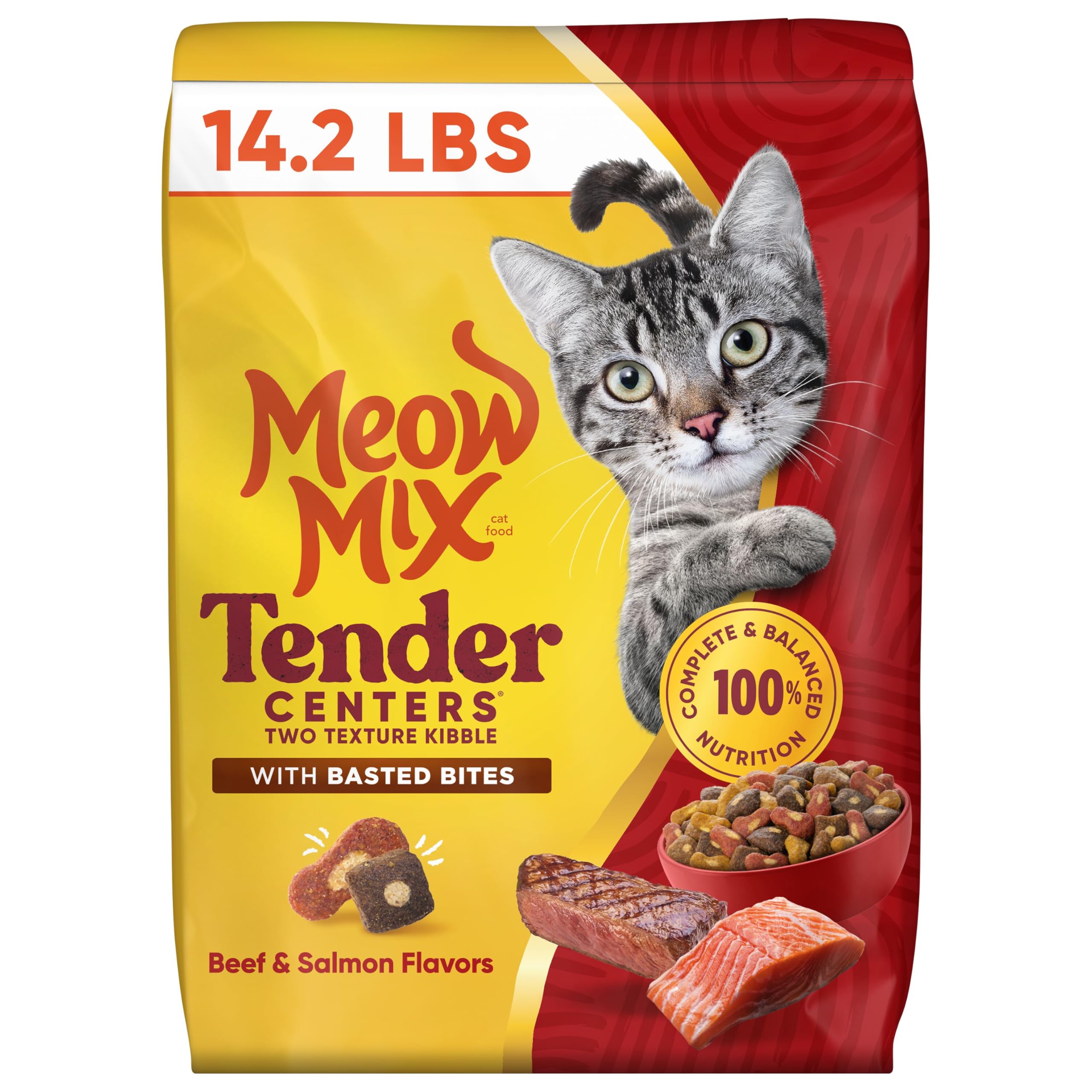 Meow Mix Tender Centers, Dry Cat Food, Beef &amp; Salmon Flavors, 14.2 lb. Bag