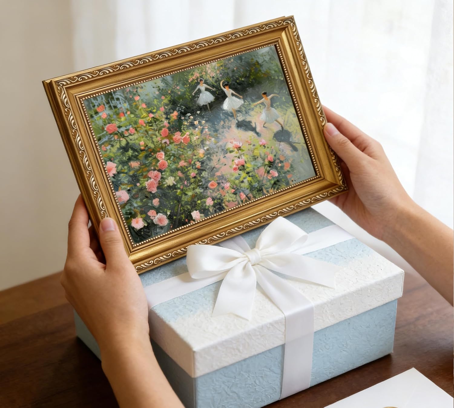 Gold Framed Vintage Dancing Girls Canvas Wall Art, English Cottage Rose Garden Painting Picture Wall Decor, Ballerina Poster Print Artwork for Girls Bedroom, Dancing Classroom, Home Decoration 12x16in