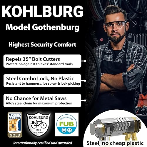 Miniatura 3 de KOHLBURG Candado de bicicleta de combinación resistente vendido oro seguro 43 pulgadas de largo con máxima seguridad - Candado de cadena antirrobo